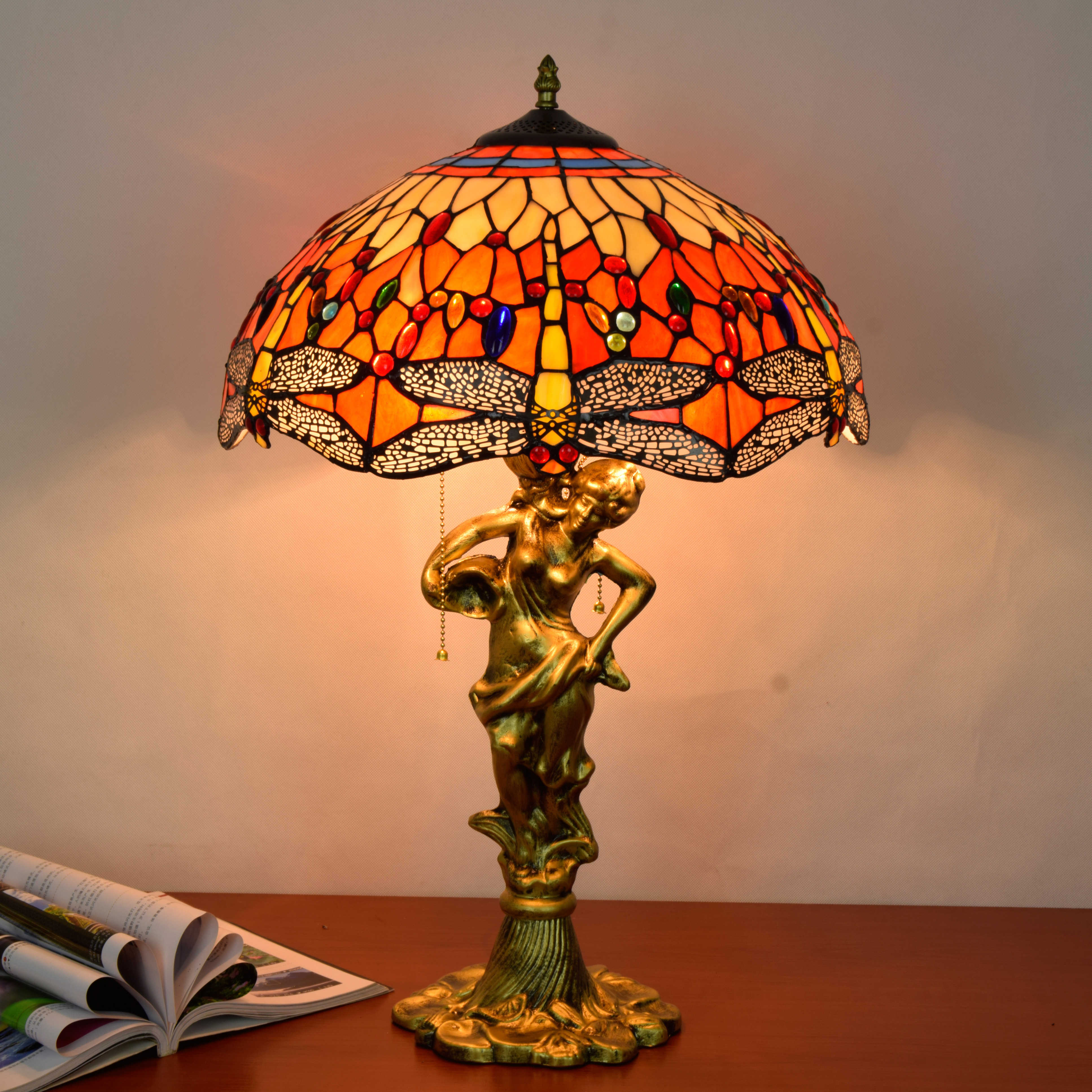 Blivuself Tiffany Stained Glass Red Orange Dragonfly Style Aluminum Alloy Base Euro-American Country Vintage Desk Lamp 18-Inch Desk Lamp Office Desk Bedroom Corridor Eye Protection Reading Light Cafe Restaurant Bar Decorative Furniture Decorated 18-Inch Red Dragonfly Table Lamp OFT1233