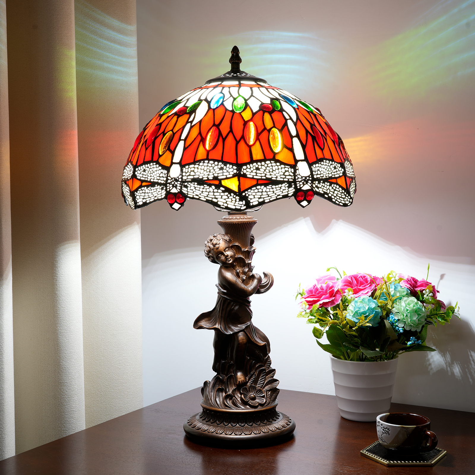 Blivuself Tiffany Style Stained Glass Lamp Shade European And American Vintage Style Red Dragonfly Wind 12 inch Table Lamp Eye Protection Lamp Suitable For Decorating Living Room, Study, Bedroom Nightstand, Table Lamp, Decorated Vintage Glass Lamp Shade, Desk, Vintage Glass Desk, Kitchen Furniture Decoration 12" Red Dragonfly Little Boy Base OFT1241