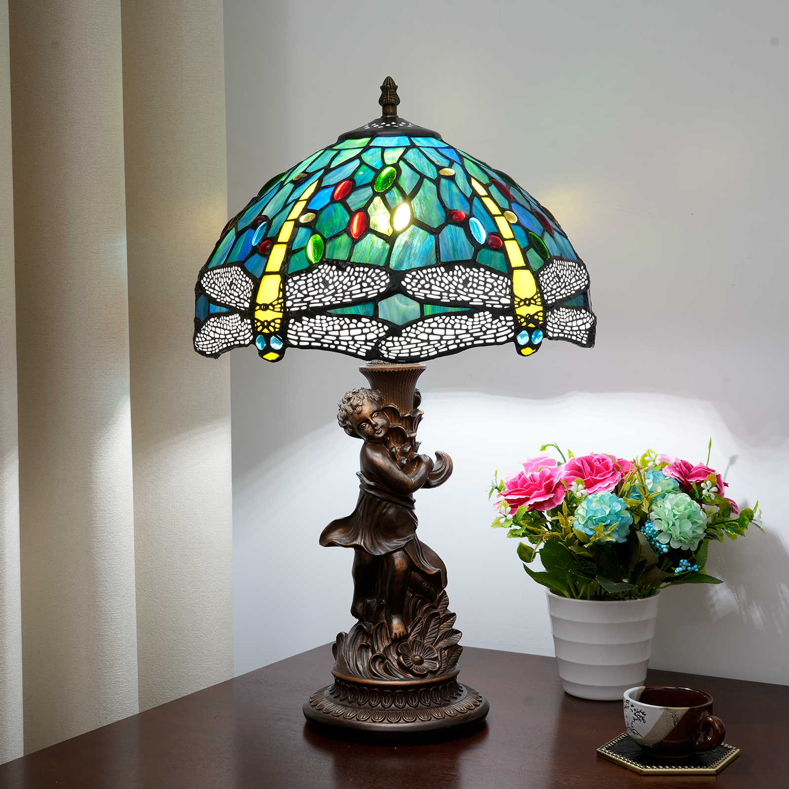 Blivuself Tiffany Style Stained Glass European And American Retro Style Green Dragonfly Wind 12 Inch Lamp Eye Protection Lamp Suitable For Decorating Living Room, Study, Bedroom Nightstand, Desk Lamp, Decorated Vintage Glass Lampshade, Desk, Vintage Glass Desk, Kitchen Furniture Decorated 12 Inch Blue Green Dragonfly Little Boy Base OFT1242