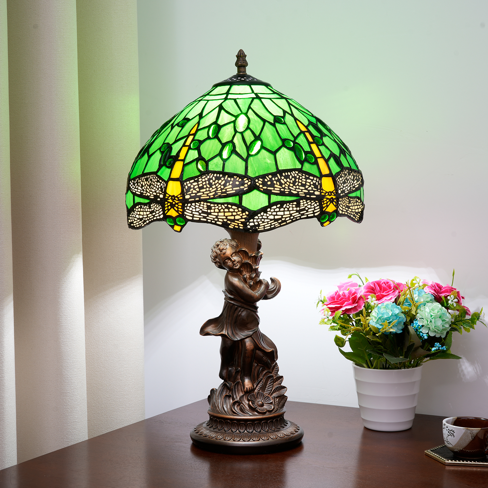 Blivuself Tiffany Style Stained Glass European And American Retro Style Green Dragonfly Wind 12 Inch Table Lamp Eye Protection Lamp Suitable For Decorating Living Room, Study, Bedroom Nightstand, Table Lamp, Decorative Retro Glass Lampshade, Desk, Retro Glass Table, Kitchen Furniture Decoration 12 Inch Green Dragonfly Little Boy Base OFT1244
