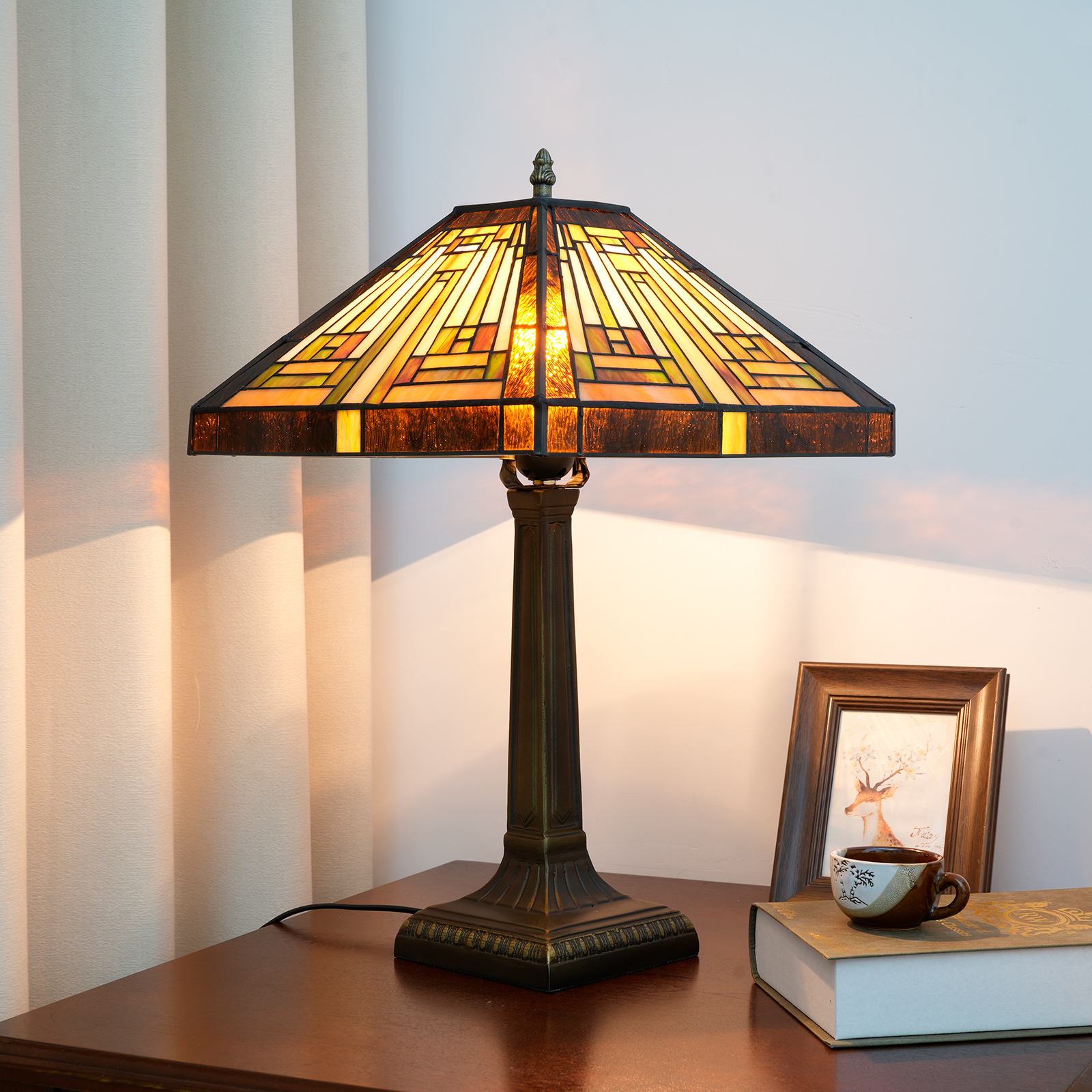 Blivuself Tiffany Stained Glass Brown Green Square Base European And American Court Vintage Lamp 16  Inch Office Desk Bedroom Corridor Cafe Restaurant Bar Decorative Furniture Decorated 16 Inch  American Square Lamp - Bronze Square Base Lamp OFT1253