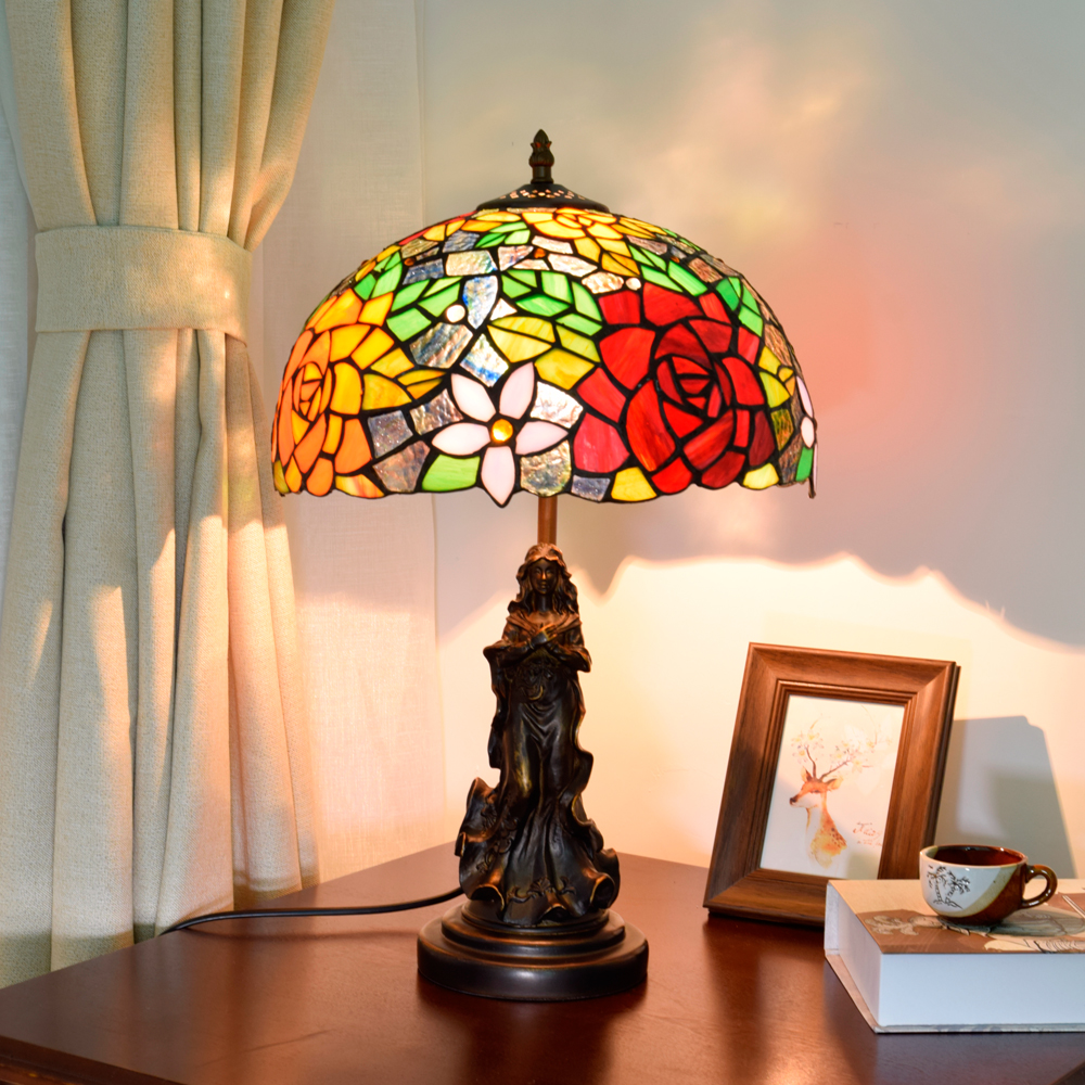 Blivuself Tiffany Style Stained Glass Lamp Shade Red Rose Garden European And American Retro Style 12 Inch Table Lamp Eye Protection Desk Lamp Suitable For Decorating Living Room, Study, Bedroom Nightstand, Restaurant, Bar, Desk, Cafe, Kitchen And Other Furniture Decoration 12 Inch Gorgeous Rose Table Lamp Angel Female Base OFT862