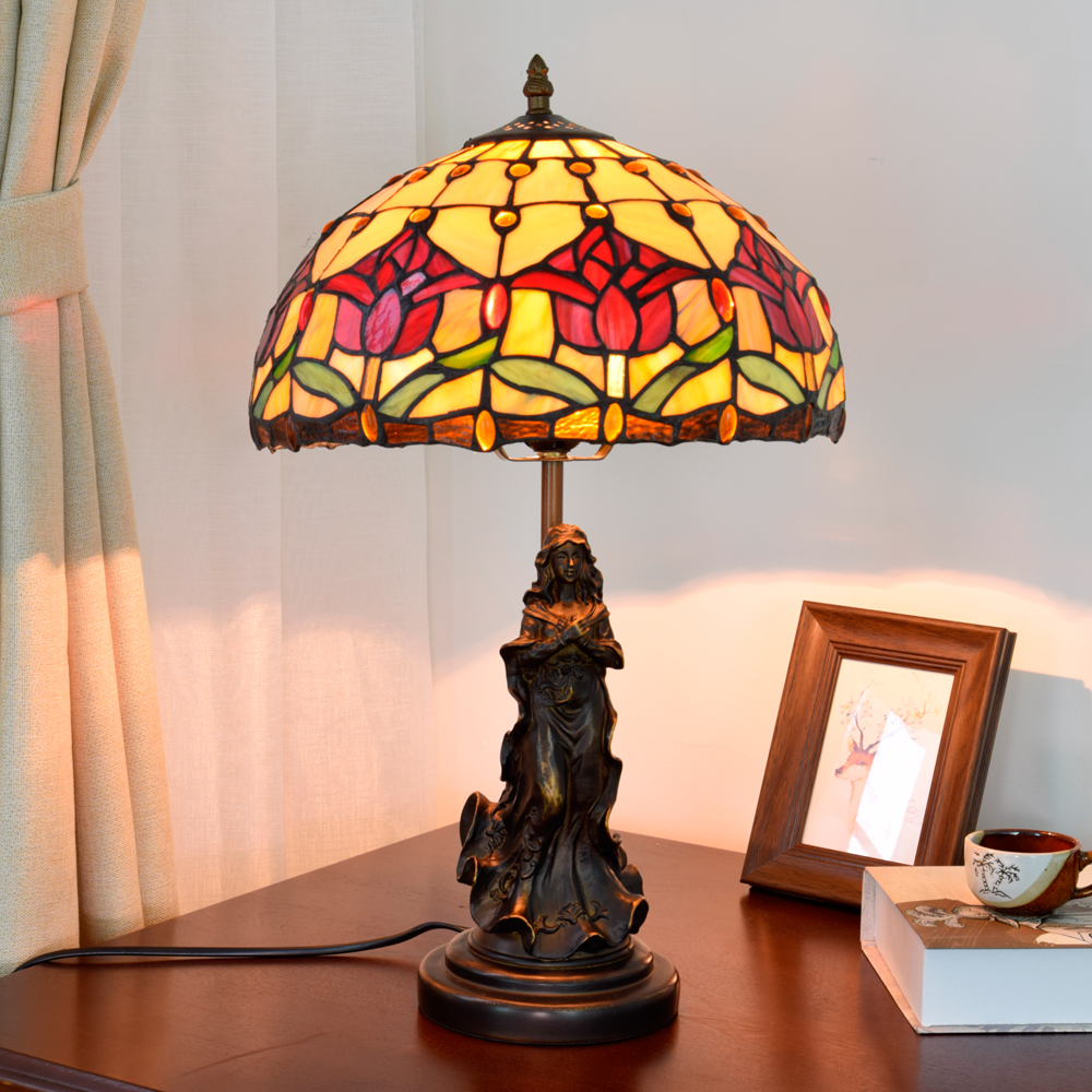Blivuself  Tiffany Style Stained Glass Lamp Shade Romantic Tulip Red Garden Retro Style Europe And The United States 12-Inch Lamp Eye Protection Desk Lamp Is Suitable For Decorating Living Room, Study, Bedroom Nightstand, Restaurant, Bar, Desk, Coffee Shop, Kitchen And Other Furniture Decoration 12-Inch Red Tulip Lamp Angel Lady OFT864