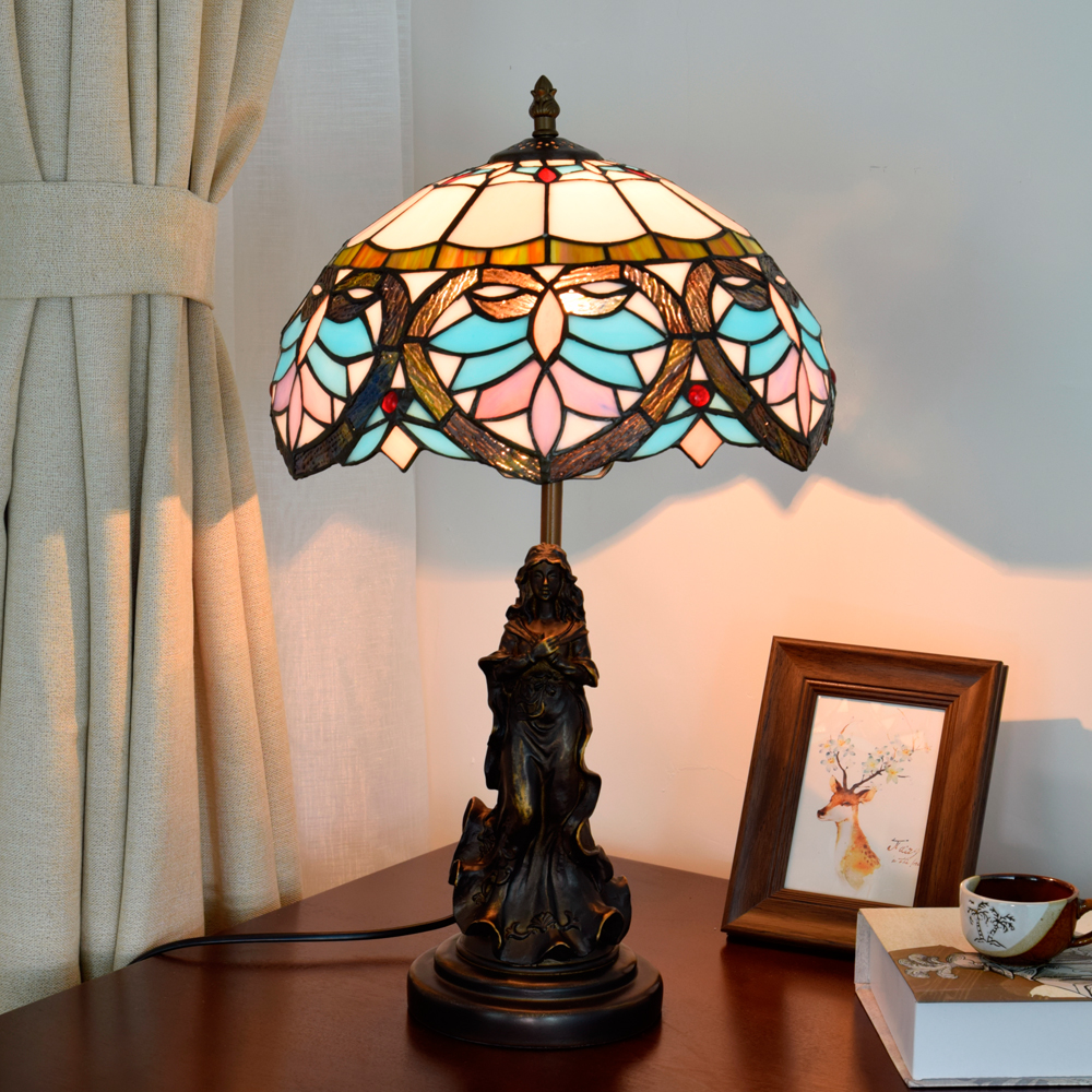 Blivuself  Tiffany Style Stained Glass Lamp Shade Sky Blue Romantic Love European And American Retro Style 12 Inch Desk Lamp Eye Protection Desk Lamp Is Suitable For Decorating Living Room, Study, Bedroom Nightstand, Restaurant, Bar, Desk, Coffee Shop, Kitchen And Other Furniture Decoration 12 Inch Blue Love Desk Lamp Angel Female Base OFT867