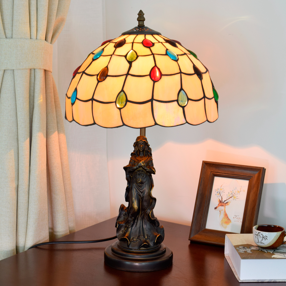 Blivuself  Tiffany Style Stained Glass Lamp Shade Yellow Simple European And American Retro Style 12 Inch Desk Lamp Eye Protection Desk Lamp Is Suitable For Decorating Living Room, Study, Bedroom Nightstand, Restaurant, Bar, Desk, Coffee Shop, Kitchen And Other Furniture Decoration 12 Inch Colored Bead Lamp Angel Lady OFT868