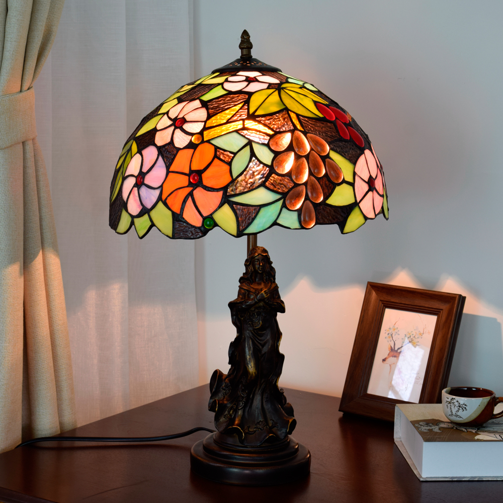 Blivuself  Tiffany  Style Stained Glass Lamp Shade Deep Purple Pastoral European And American Retro Style 12 Inch Desk Lamp Eye Protection Desk Lamp Is Suitable For Decorating Living Room, Study, Bedroom Nightstand, Restaurant, Bar, Desk, Coffee Shop, Kitchen And Other Furniture Decoration 12 Inch Grape Flower Lamp Angel Lady OFT870