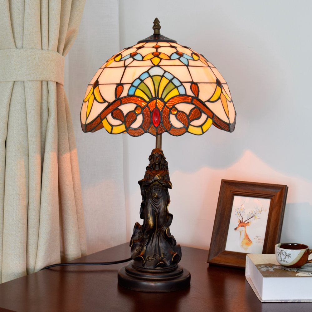 Blivuself  Tiffany Style Stained Glass Lamp Shade Warm Yellow European And American Retro Style 12 Inch Desk Lamp Eye Protection Desk Lamp Is Suitable For Decorating Living Room, Study, Bedroom Nightstand, Restaurant, Bar, Desk, Coffee Shop, Kitchen And Other Furniture Decoration 12 Inch Baroque Desk Lamp Angel Lady  OFT872
