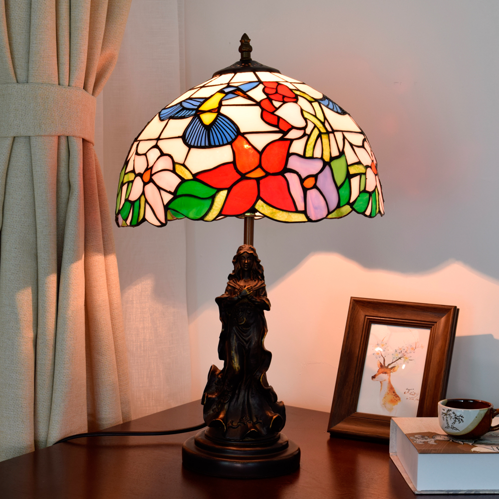  Blivusself  Tiffany Style Stained Glass Lamp Shade Warm White Warm Garden Europe And The United States Retro Style 12 Inch Desk Lamp Eye Protection Desk Lamp Is Suitable For Decorating Living Room, Study, Bedroom Nightstand, Restaurant, Bar, Desk, Coffee Shop, Kitchen And Other Furniture Decoration 12 Inch Bird Hummingbird Lamp Angel Lady OFT874