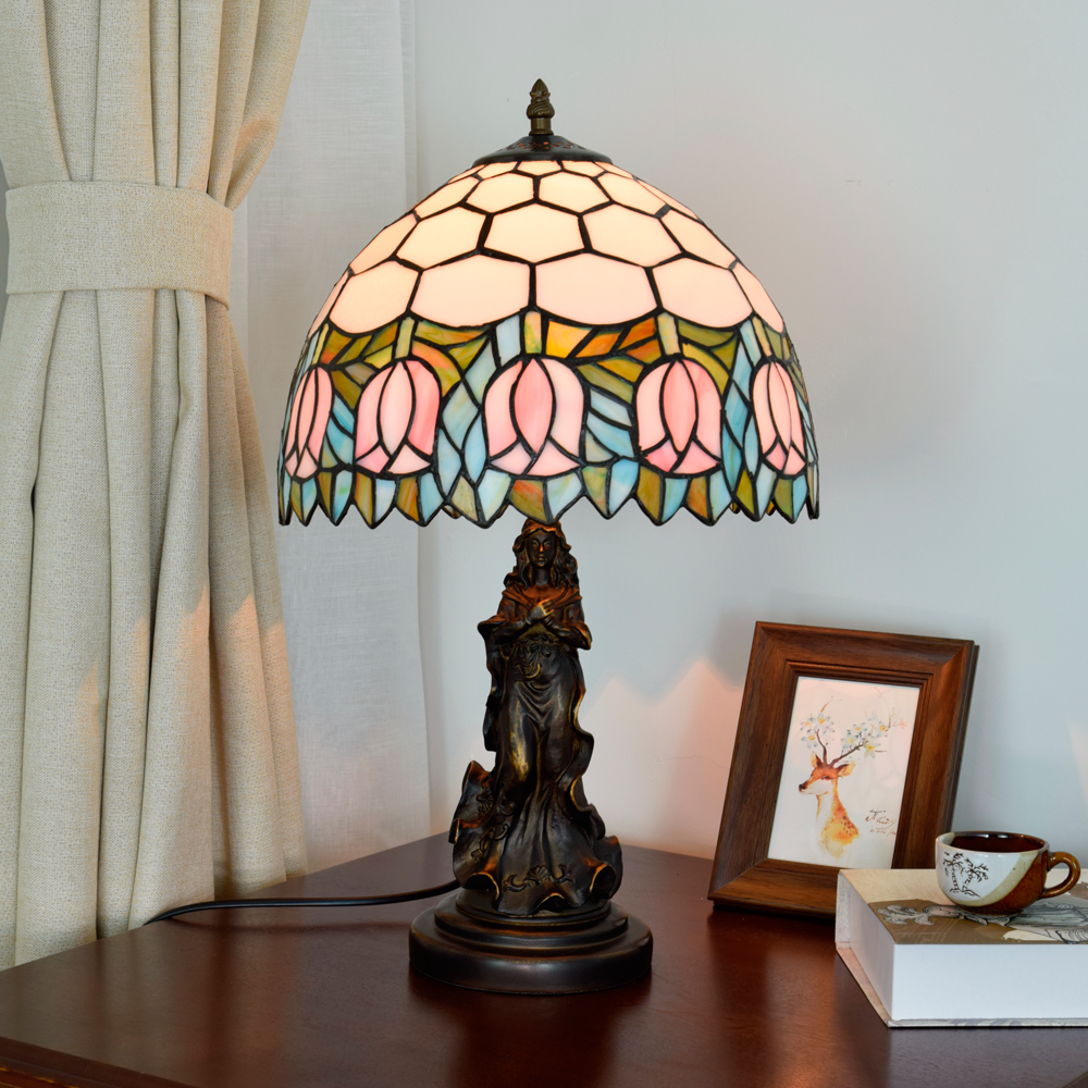 Blivuself  Tiffany  Style Stained Glass Lamp Shade Warm White Pink Warm Pastoral European And American Retro Style 12 Inch Desk Lamp Eye Protection Desk Lamp Suitable For Decorating Living Room, Study, Bedroom Nightstand, Restaurant, Bar, Desk, Coffee Shop, Kitchen And Other Furniture Decoration 12 Inch Pink Tulip Lamp Angel Lady OFT875
