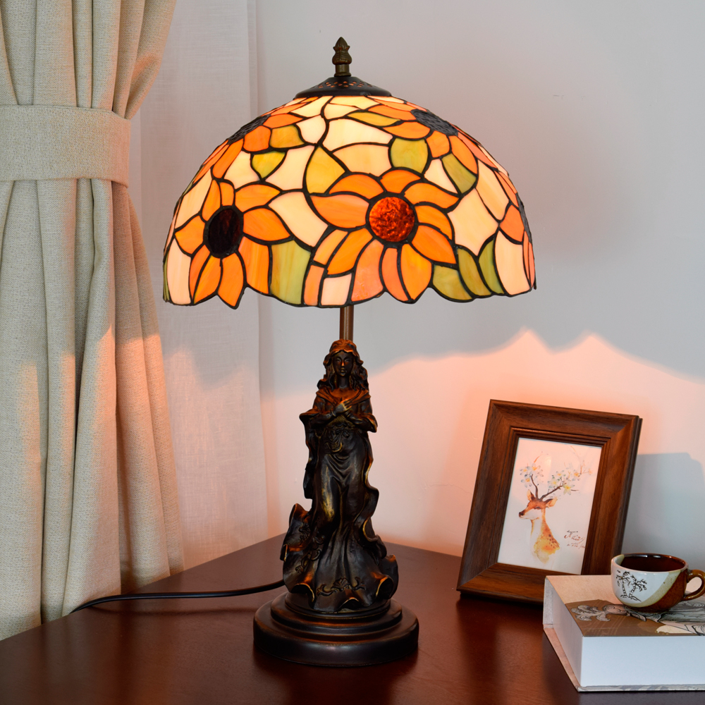Blivuself  Tiffany Style Stained Glass Lamp Shade Warm Orange Warm Pastoral European And American Retro Style 12 Inch Desk Lamp Eye Protection Desk Lamp Is Suitable For Decorating Living Room, Study, Bedroom Nightstand, Restaurant, Bar, Desk, Coffee Shop, Kitchen And Other Furniture Decoration 12 Inch Sun Lamp Angel Lady OFT876