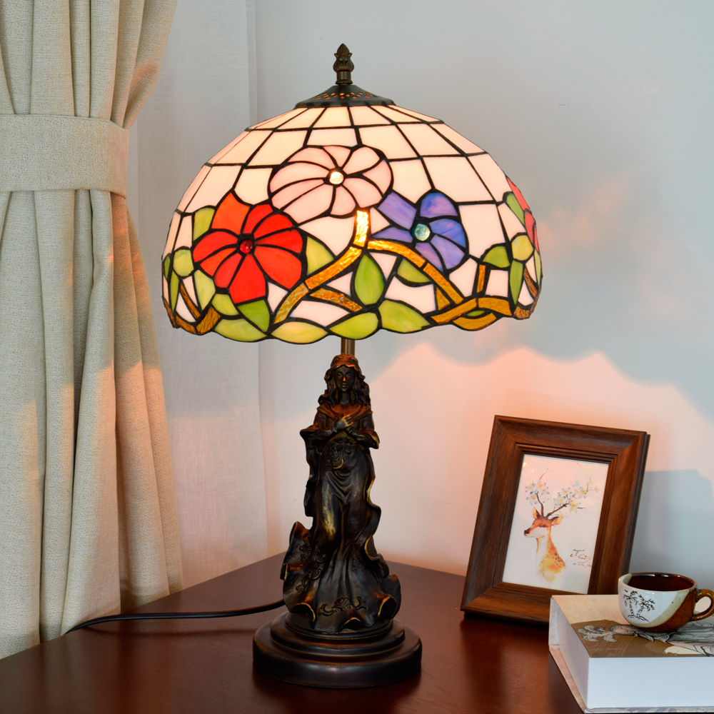  Blivusself  Tiffany Style Stained Glass Lamp Shade White Warm Pastoral European And American Retro Style 12 Inch Lamp Eye Protection Desk Lamp Suitable For Decorating Living Room, Study, Bedroom Nightstand, Restaurant, Bar, Desk, Coffee Shop, Kitchen And Other Furniture Decoration 12 Inch Three-Color Flower Morning Glory Lamp Angel Lady OFT877
