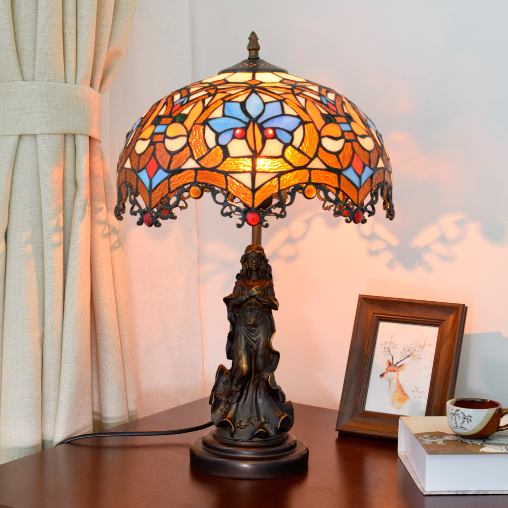 Blivuself  Tiffany Style Stained glass Lamp Shade Brown Simple Modern European And American Court Retro Style 12 Inch Lamp Eye Protection Lamp Is Suitable For Decorating Living Room, Study, Bedroom Nightstand, Restaurant, Bar, Desk, Coffee Shop, Kitchen And Other Furniture Decoration 12 Inch Love Beads Dragon Tail Lamp Angel Lady OFT880