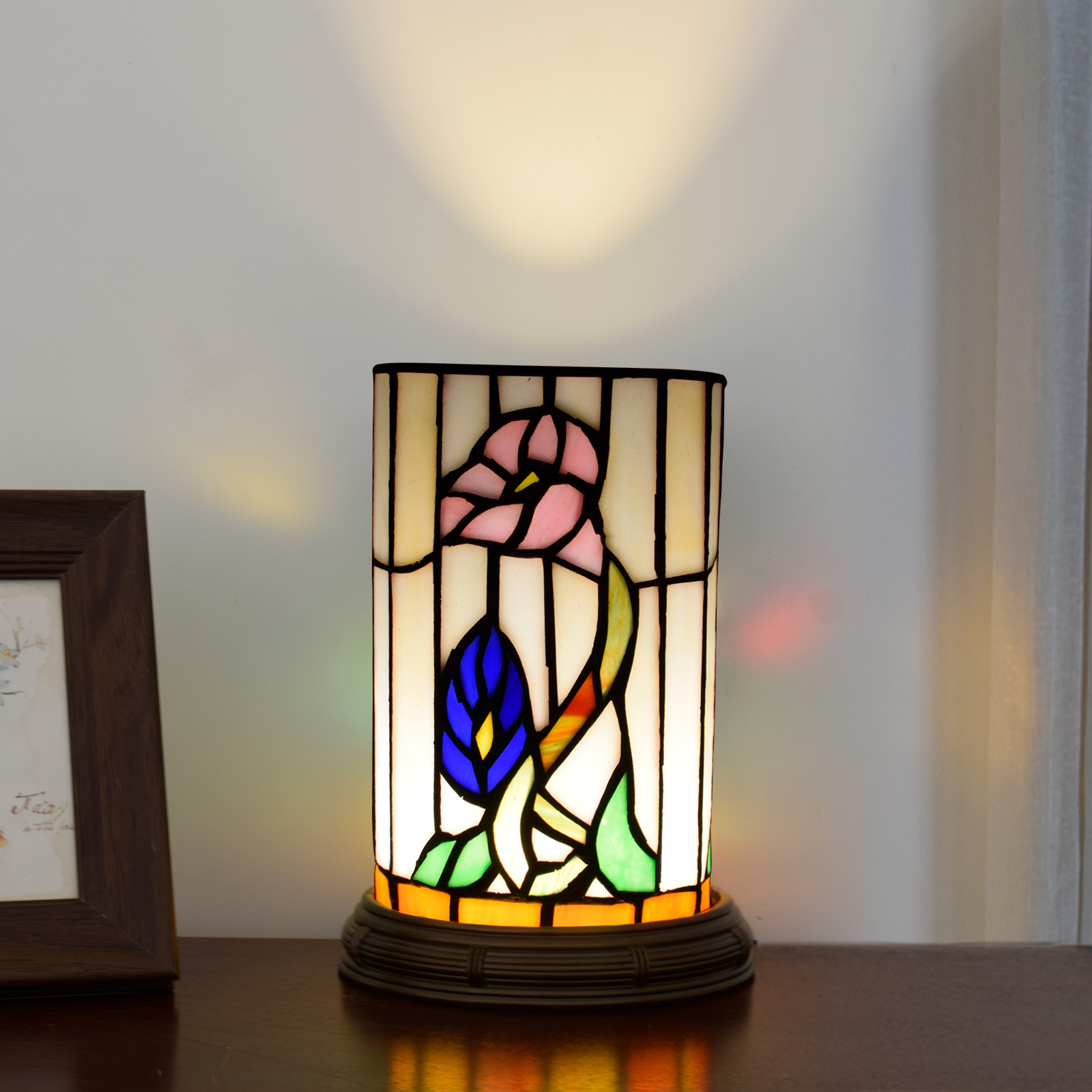 Blivuself Tiffany Style Stained glass Beige Garden style Bedroom decor Romantic Warm Vintage style Nightlight 12cmx12cm Mini Cute kid decor Unique 7-inch morning glory lamp OFU10034