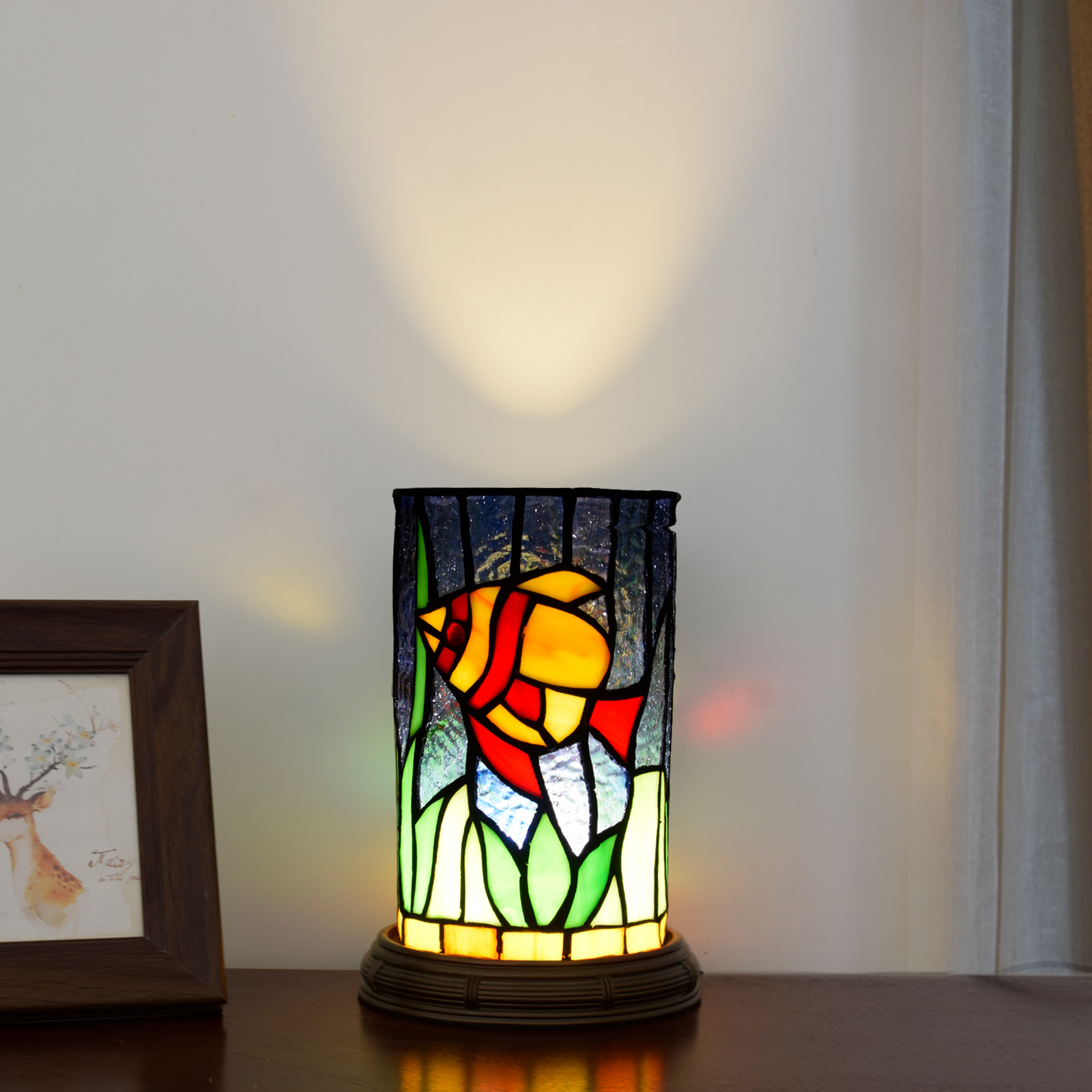 Blivuself Tiffany Style Stained glass Dark Blue Garden style Bedroom decor Romantic Warm Vintage style Nightlight 12cmx12cm Mini Cute Kid decor Unique 7-inch Little Fish lamp OFU1109
