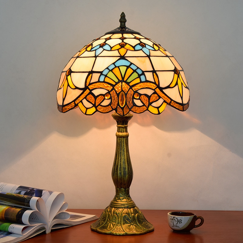 Blivuself Tiffany Style Stained glass European And American Retro Style Warm Yellow Lotus Logo Base 12 Inch Eye Protection Desk Lamp Is Suitable For Living Room, Study, Bedroom Nightstand, Desk, Restaurant, Bar And Other Furniture Decoration 12 Inch Baroque Desk Lamp OFT808