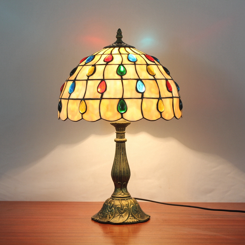 Blivuself Tiffany style colored glass European and American retro style warm yellow  12 inch Lotus logo base eye lamp is suitable for living room, study, bedroom nightstand, desk, dining room, bar and other furniture decoration 12 inch colored beads lamp OFT802