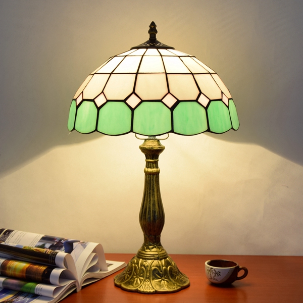 Blivuself  Tiffany Style Stained Glass European And American Retro Style Green White Lattice Design 12-Inch Lotus Logo Base Eye Protection Desk Lamp Suitable For Living Room, Study, Bedroom Nightstand, Desk, Restaurant, Bar And Other Furniture Decoration 12-Inch Green And White Lattice Desk Lamp OFT806