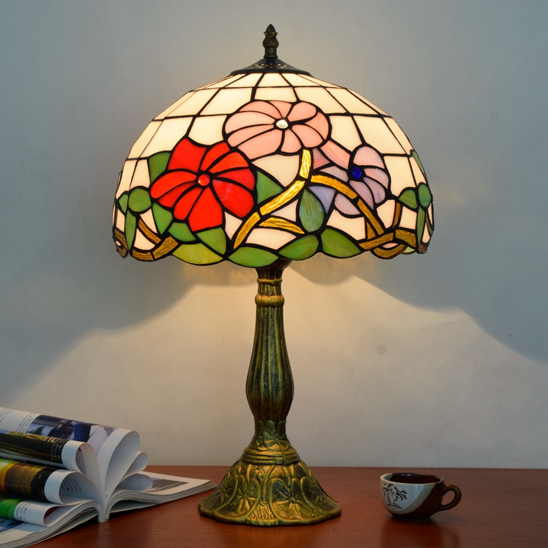 Blivuself  Tiffany  Style Stained Glass European And American Retro Style Pink Morning Glory Garden Design 12-Inch Lotus Logo Base Eye Protection Desk Lamp Suitable For Living Room, Study, Bedroom Nightstand, Desk, Restaurant, Bar And Other Furniture Decoration 12-Inch Three-Color Morning Glory Desk Lamp OFT821