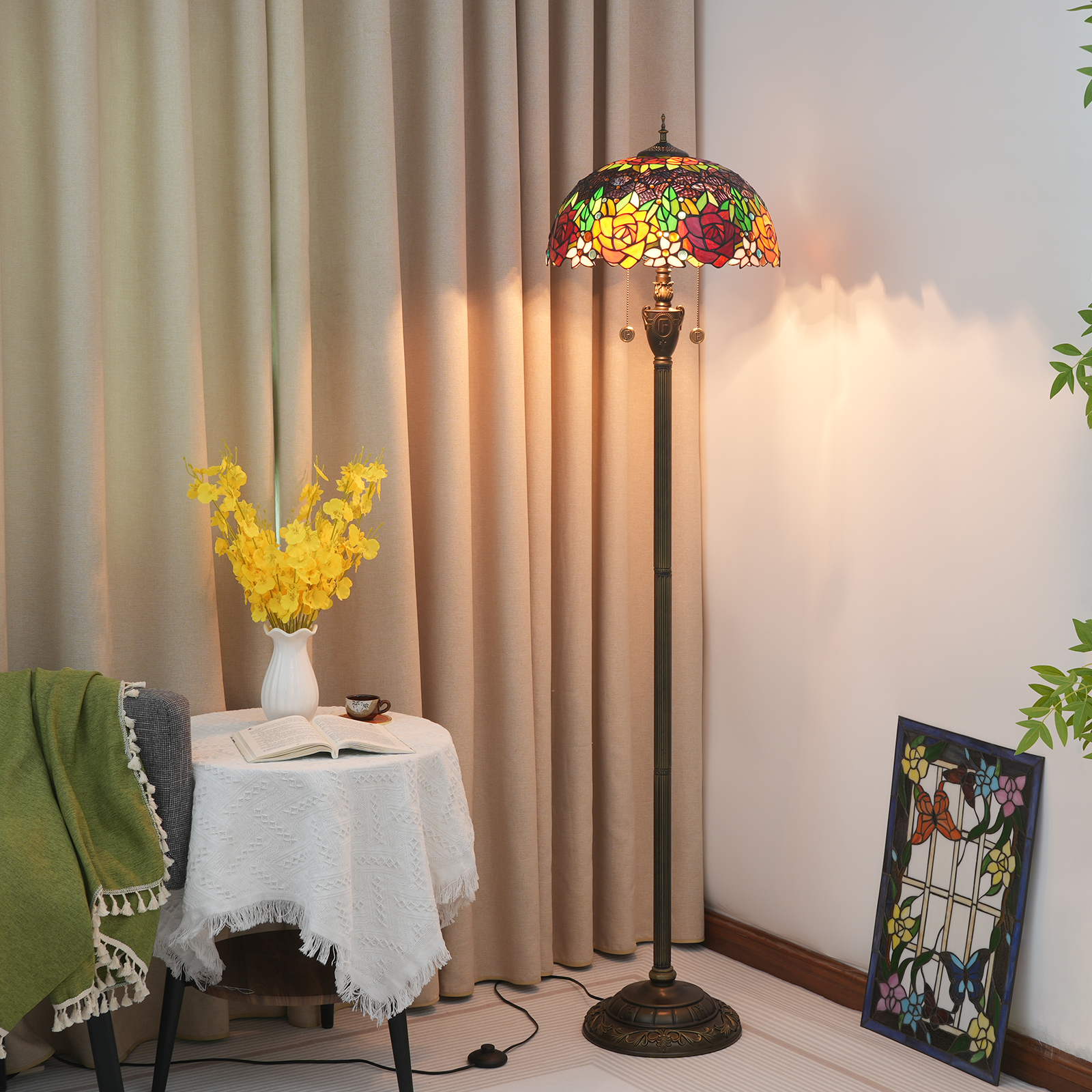 Blivuself Tiffany Colored Glass 16 Inch Floor Lamp Red Yellow Rose Vertical Reading Light Bronze Antique Pole Light Furniture Decoration For Bedroom Living Room Office Study Corridor Cafe 16 Inch Black Rose Floor Lamp OFN10