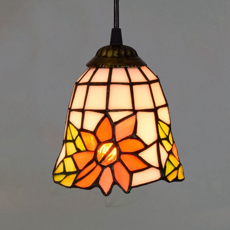 Blvuself Tiffany Style Stained Glass 6-Inch Chandelier Yellow Flower Design Chandelier European And American Retro Pastoral Style Suitable For Living Room, Dining Room, Bedroom, Study And Other Indoor Home Decoration 6-Inch Horn Sunflower - Black Line Chandelier OFP1009