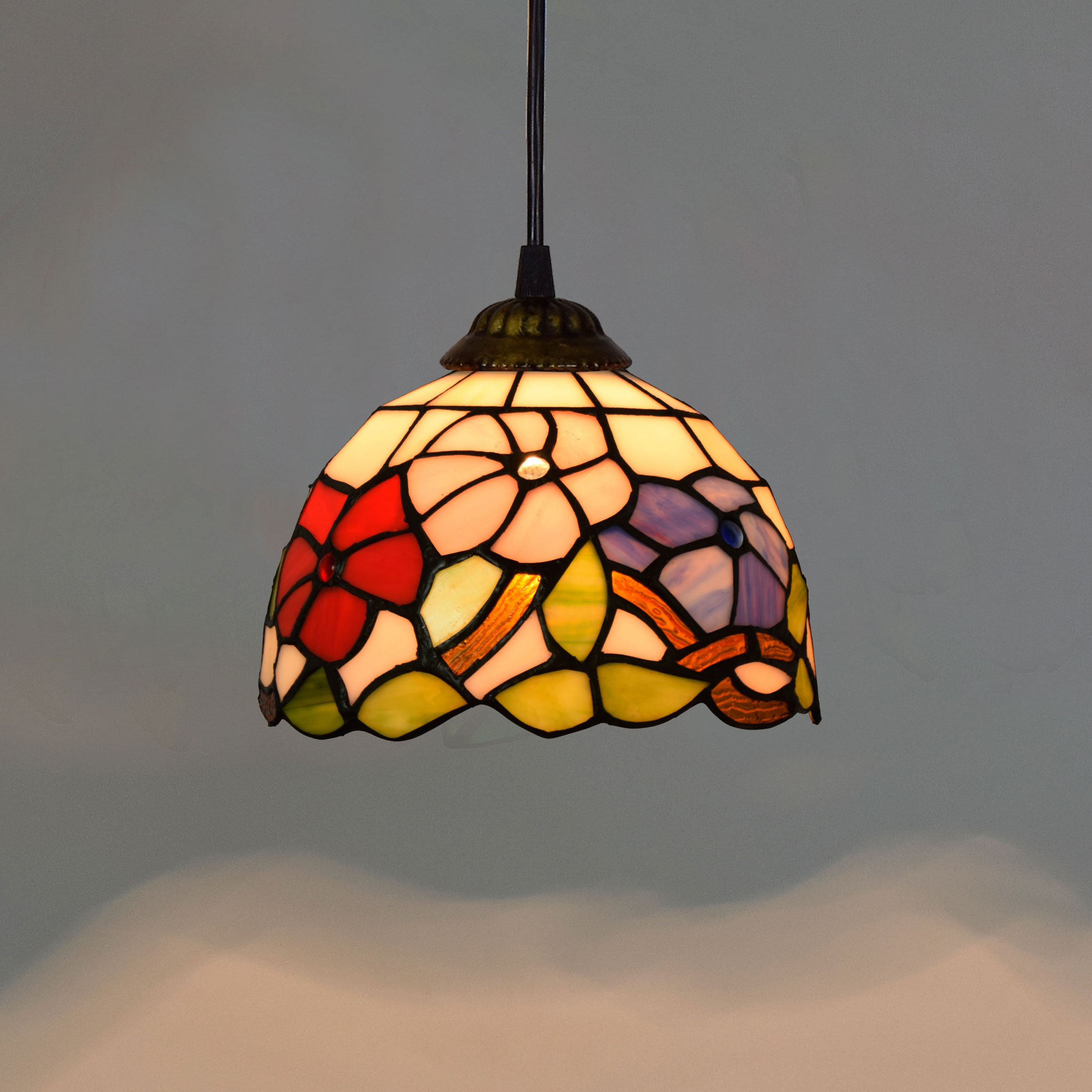 Blivuself  Tiffany Style Stained Glass 8-Inch Red, Purple, Pink Tricolor Flower Design Chandelier Europe And The United States Retro Casual Style Suitable For Living Room, Dining Room, Bedroom, Bar And Other Indoor Home Decoration 8-Inch Tricolor Flower Morning Glory - Black Line Chandelier OFP1024