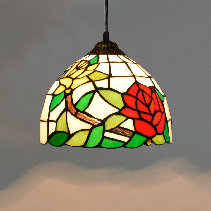 Blivuself  Tiffany Style Stained Glass 8-Inch Red Yellow Two-Color Rose Idyllic Design Chandelier European And American Retro Casual Style Suitable For Living Room, Dining Room, Bedroom, Bar And Other Indoor Home Decoration 8-Inch Two-Color Rose - Black Line Chandelier OFP1044