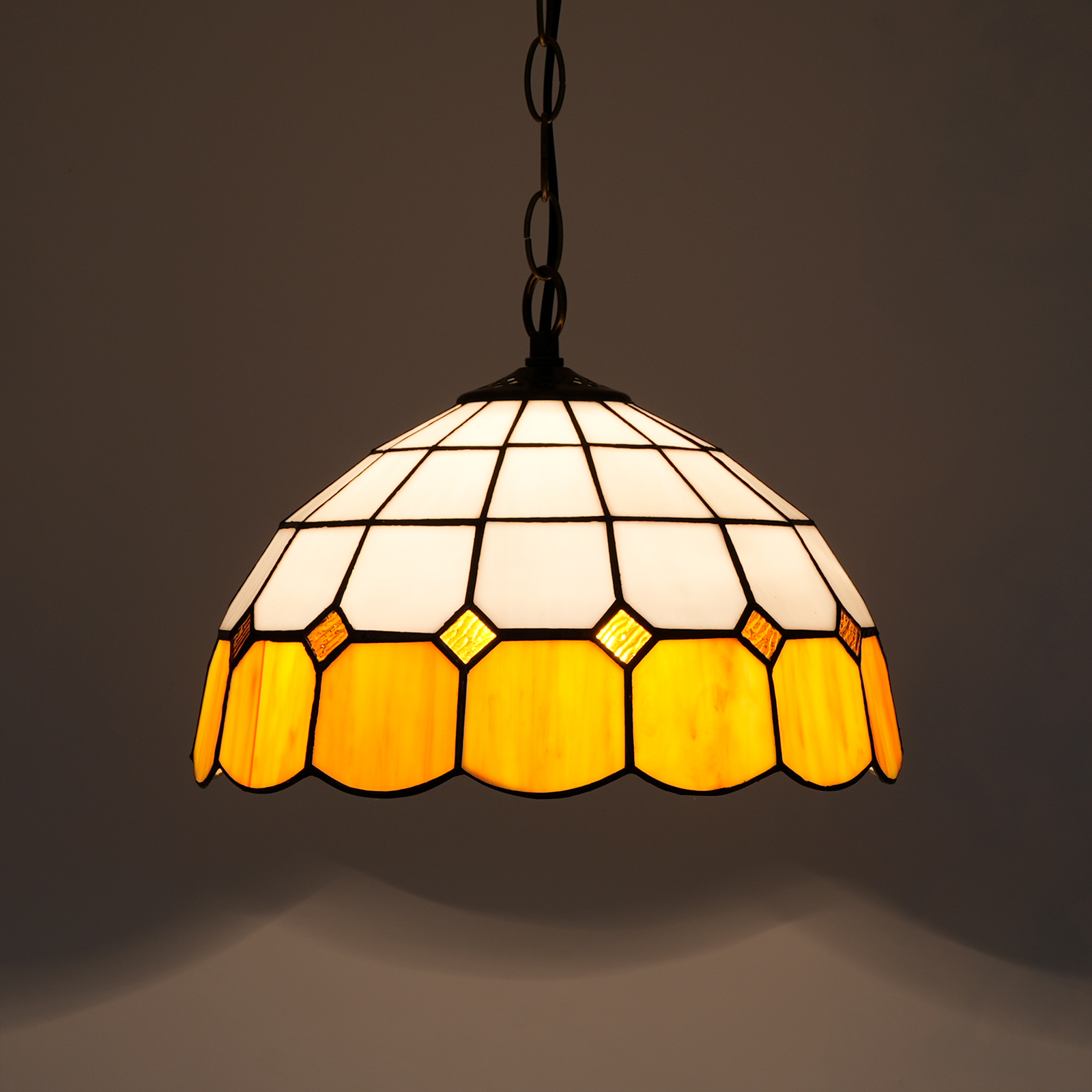 Blivuself  Tiffany Style Stained Glass 12-Inch Yellow Lattice Design Chandelier European And American Retro Garden Style Suitable For Living Room, Dining Room, Bedroom, Bar And Other Indoor Home Decoration 12-Inch Yellow And White Lattice - Regular Single Chain ChandelierOFP1046