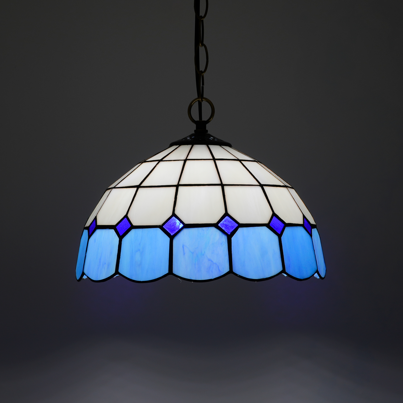 Blivuself  Tiffany Style Stained Glass 12-Inch Blue Lattice Design Chandelier European And American Retro Garden Style Suitable For Living Room, Dining Room, Bedroom, Bar And Other Indoor Home Decoration 12-Inch Blue And White Lattice - Regular Single Chain Chandelier OFP1048