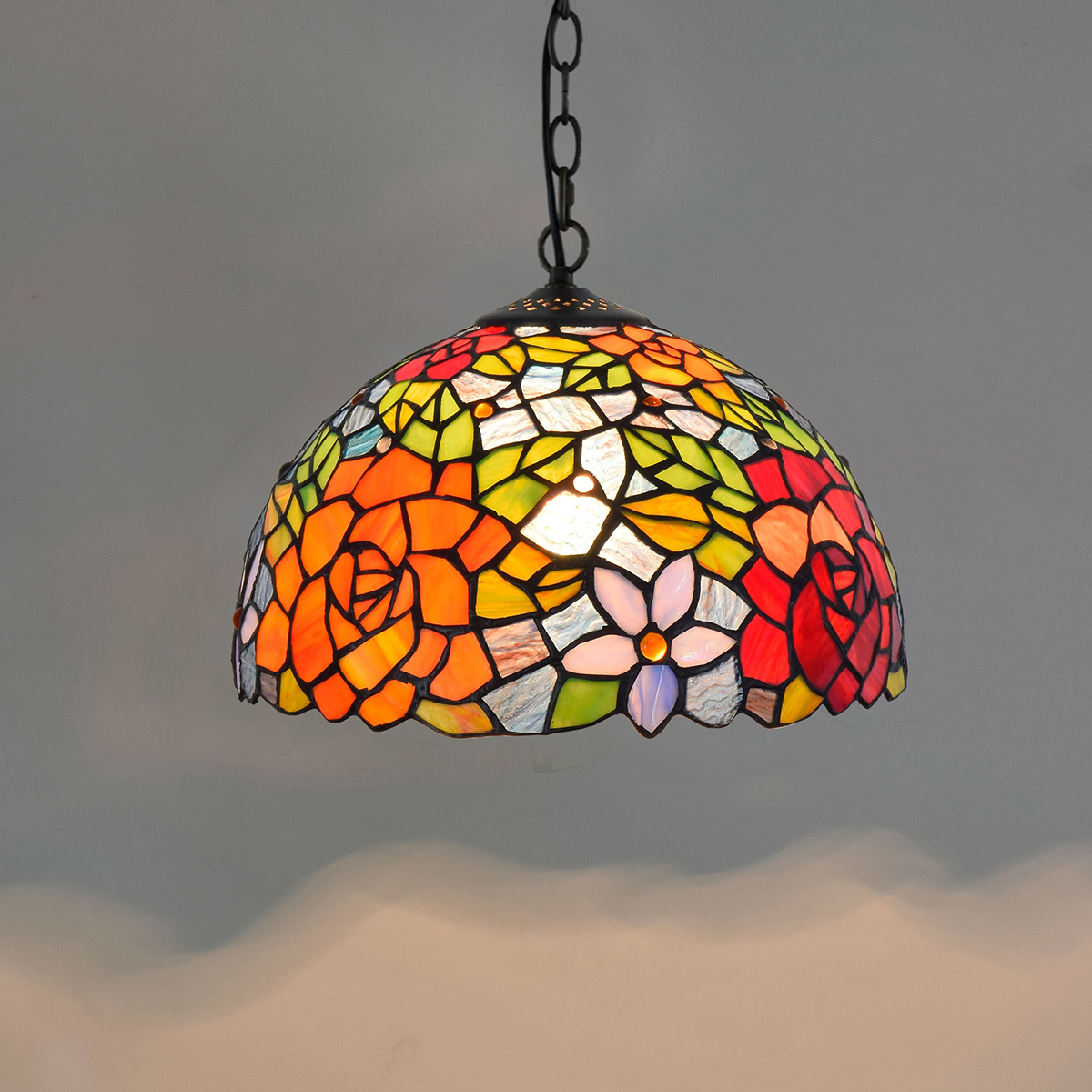 Blivuself  Tiffany Style Stained Glass 12-Inch Orange Red Rose Pattern Chandelier European And American Retro Garden Style Suitable For Living Room, Dining Room, Bedroom, Bar And Other Indoor Home Decoration 12-Inch Gorgeous Rose - Conventional Single Chain Chandelier OFP1052