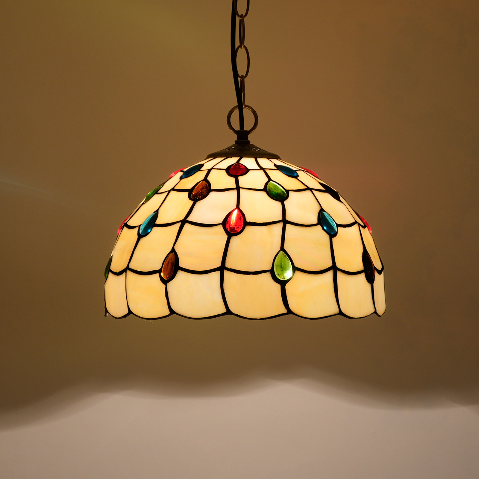 Blivuself  Tiffany Style Stained Glass 12-Inch Warm Yellow Chandelier European And American Retro Pastoral Style Suitable For Living Room, Dining Room, Bedroom, Bar And Other Indoor Home Decoration 12-Inch Colored Beads - Regular Single Chain Chandelier OFP1053