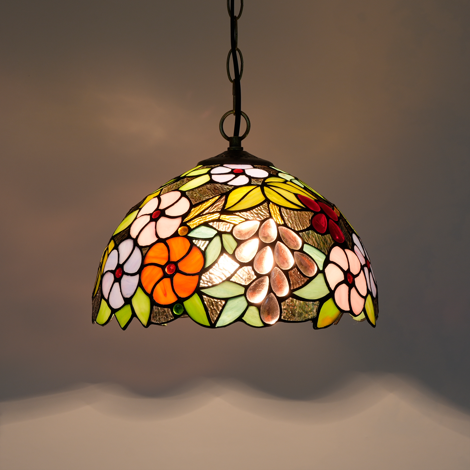 Blivuself  Tiffany Style Stained Glass 12-Inch Deep Purple Grape Pattern Chandelier European And American Retro Garden Style Suitable For Living Room, Dining Room, Bedroom, Bar And Other Indoor Home Decoration 12-Inch Grape Flower - Regular Single Chain Chandelier OFP1055