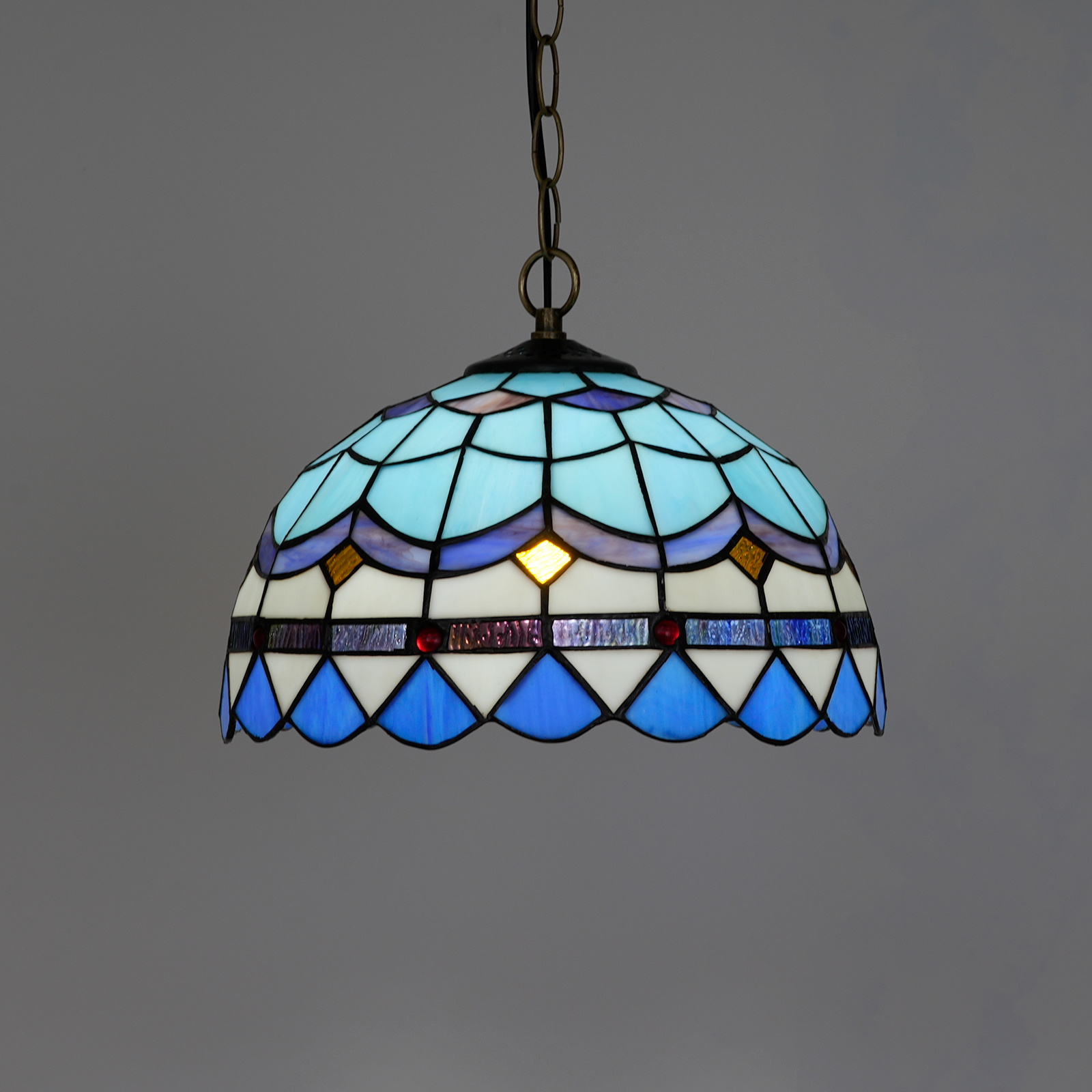 Blivuself  Tiffany Style Stained Glass 12-Inch Sky Blue Romantic Feather Chandelier European And American Retro Casual Style Suitable For Living Room, Dining Room, Bedroom, Bar And Other Indoor Home Decoration 12-Inch Mediterranean Feather - Regular Single Chain Chandelier OFP1058