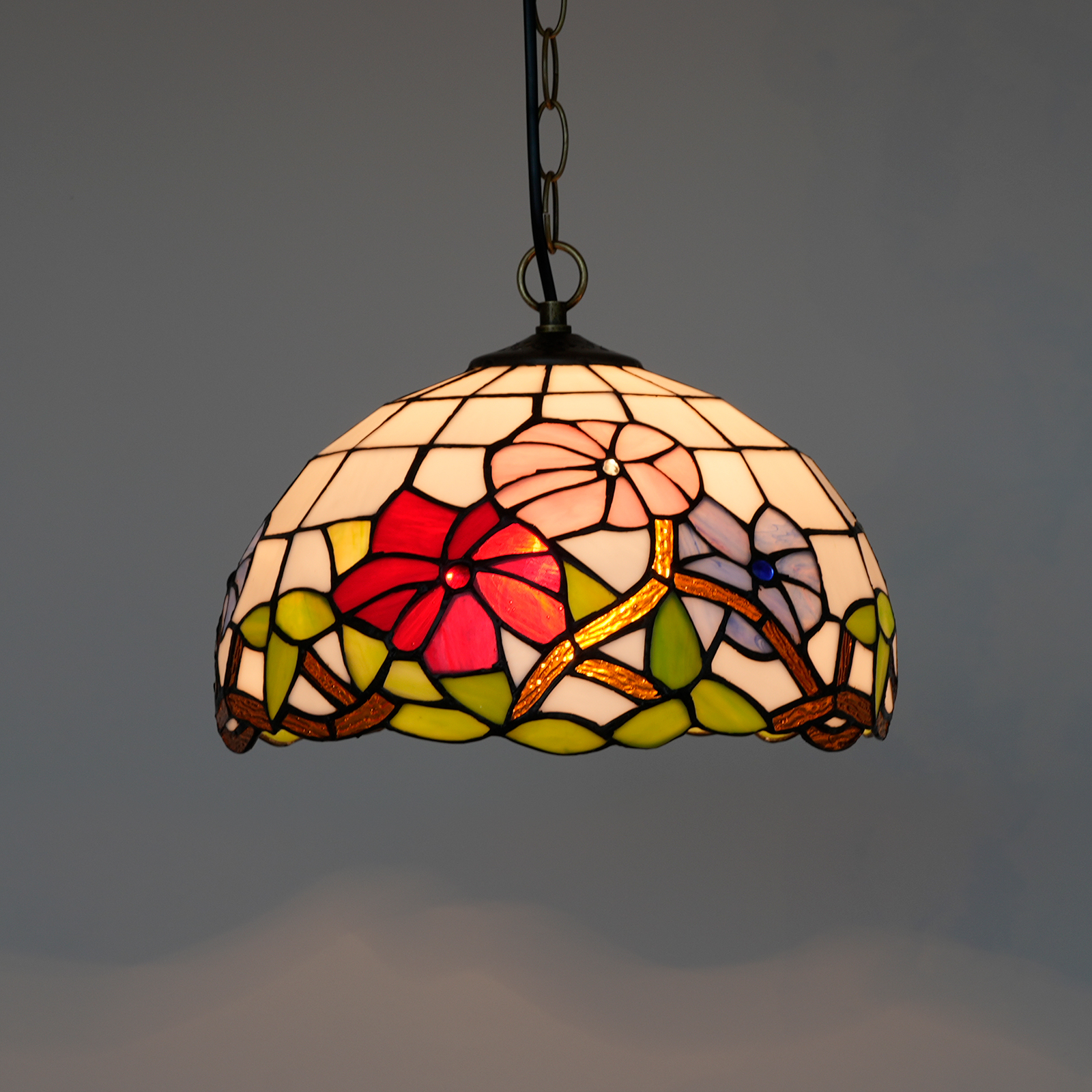 Blivuself  TiffanyStyle Stained Glass 12-Inch Pink Purple Red Tricolor Morning Glory Chandelier European And American Retro Garden Style Suitable For Living Room, Dining Room, Bedroom, Bar And Other Indoor Home Decoration 12-Inch Tricolor Morning Glory - Regular Single Chain Chandelier OFP1060