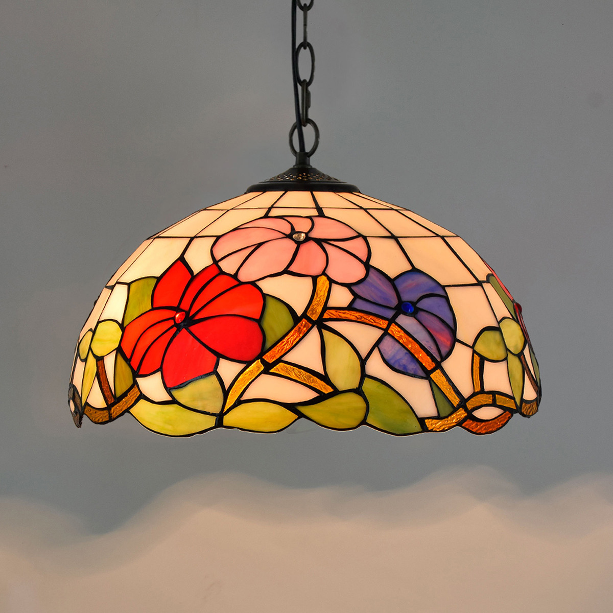 Blivuself  Tiffany Style Stained Glass 16-Inch Pink Purple Red Tricolor Morning Glory Chandelier European And American Retro Pastoral Style Suitable For Living Room, Dining Room, Bedroom, Bar And Other Indoor Home Decoration 16-Inch Tricolor Morning Glory - Conventional Single Chain Chandelier OFP1079