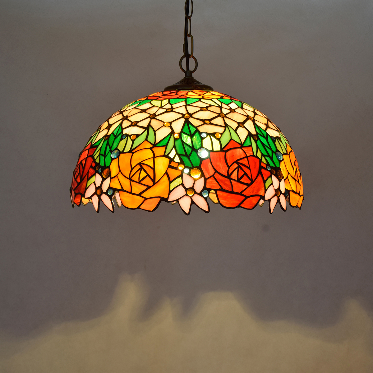 Blivuself  Tiffany Style Stained Glass 16-Inch Beige Red Rose Chandelier European And American Retro Pastoral Style Suitable For Living Room, Dining Room, Bedroom, Bar And Other Indoor Home Decoration 16-Inch Gorgeous Rose - Conventional Single Chain Chandelier OFP1082