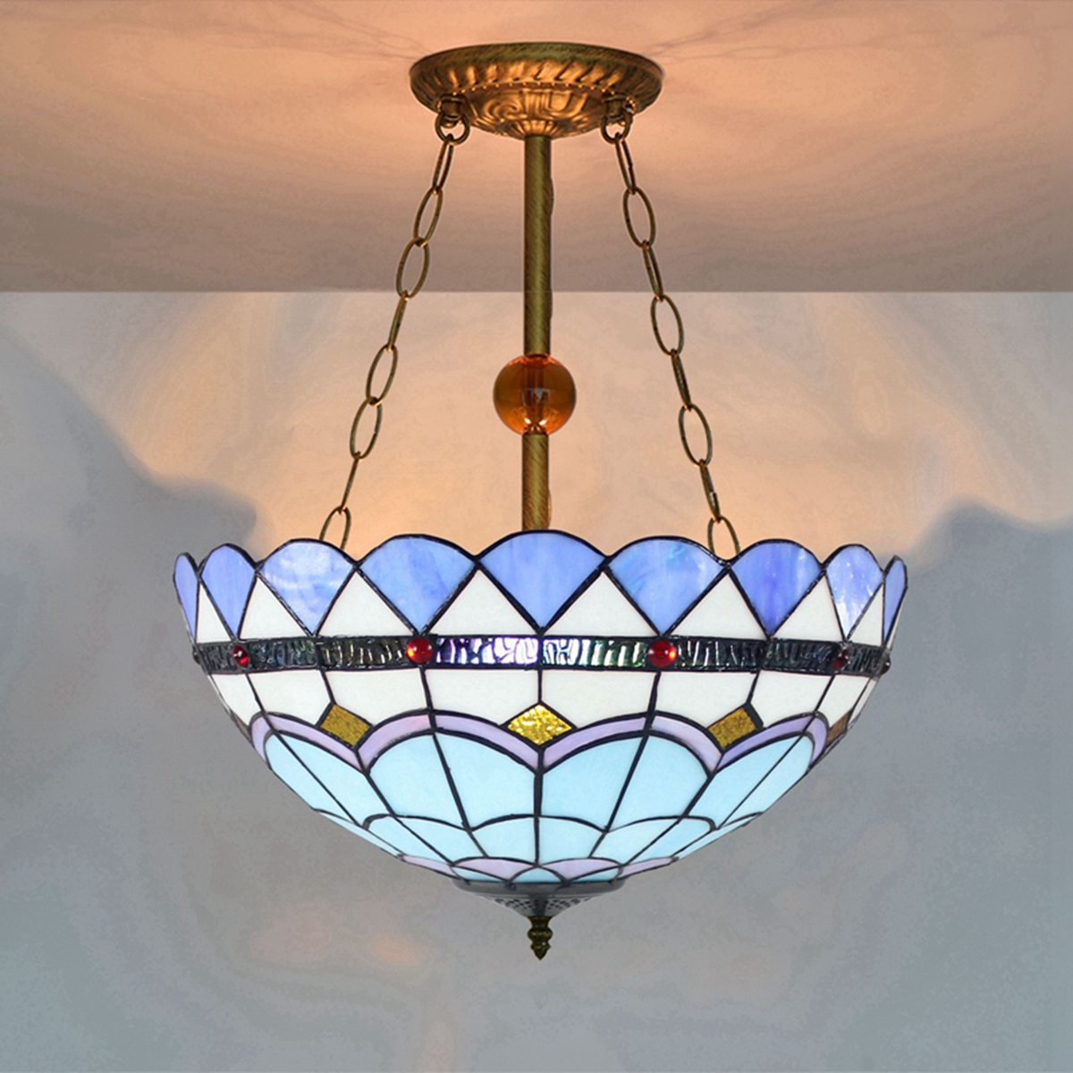 Blivuself  Tiffany Style Stained Glass 16 Inch Sky Blue Feather Upward Chandelier European And American Retro Pastoral Style Suitable For Living Room, Dining Room, Bedroom, Bar And Other Indoor Home Decoration 16 Inch Mediterranean - Regular Anti-Chandelier - Feather OFP1093