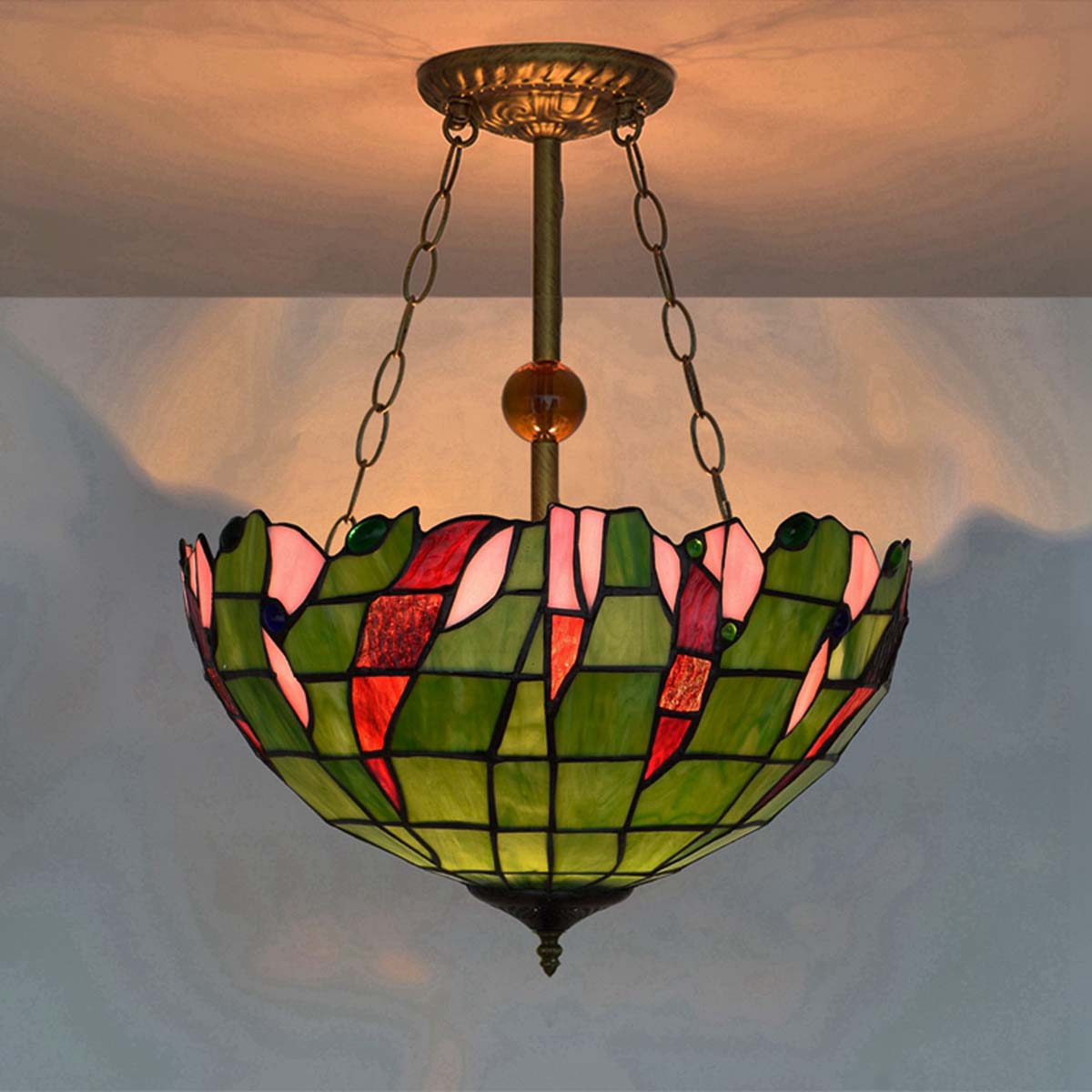 Blivuself  Tiffany  Style Stained Glass 16 Inch Green Upward Chandelier European And American Retro Pastoral Style Suitable For Living Room, Dining Room, Bedroom, Bar And Other Indoor Home Decoration 16 Inch Green Beads - Regular Anti-Chandelier OFP1094