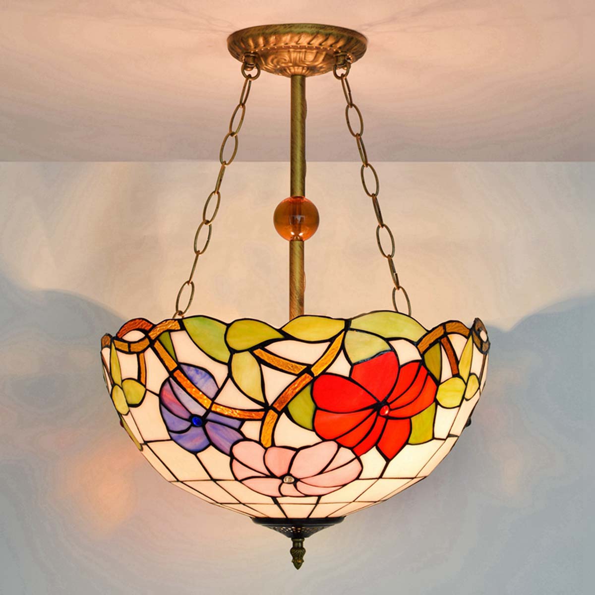 Blivuself  Tiffany Style Stained Glass 16 Inch Pink Purple Red Three Color Morning Glory Upward Chandelier European And American Retro Casual Style Suitable For Living Room, Dining Room, Bedroom, Bar And Other Indoor Home Decoration 16 Inch Three Color Morning Glory - Regular Anti-Chandelier OFP1097
