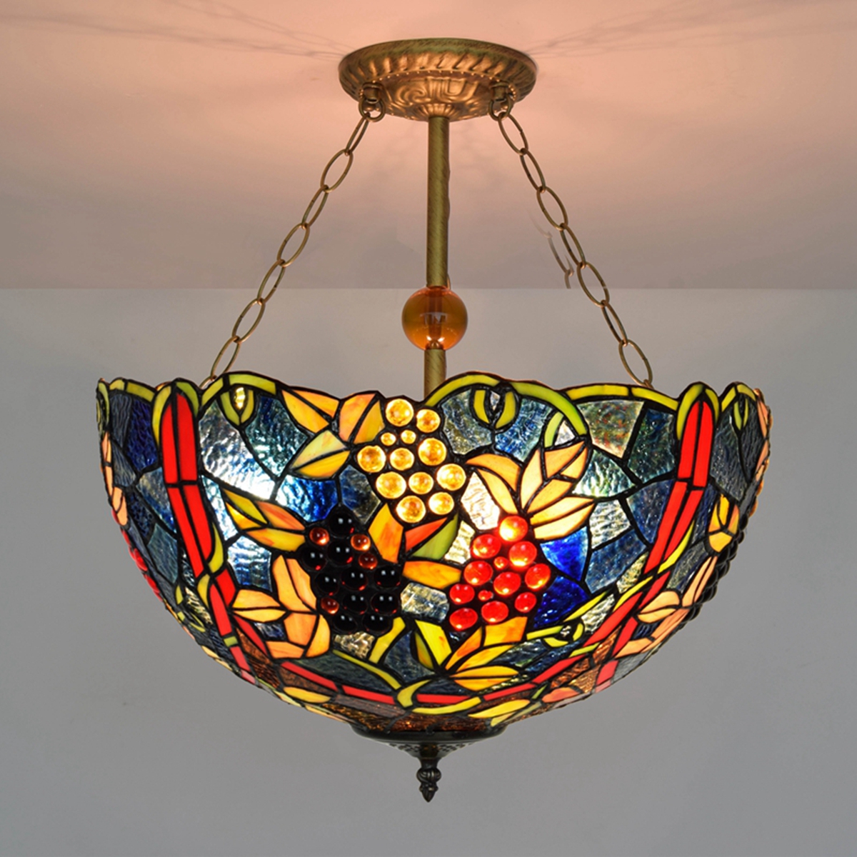 Blivuself  Tiffany Style Stained Glass 17 Inch Dark Blue Upward Chandelier European And American Retro Garden Style Suitable For Living Room, Dining Room, Bedroom, Bar And Other Indoor Home Decoration 17 Inch Grape Fruit - Regular Anti-Chandelier OFP1113