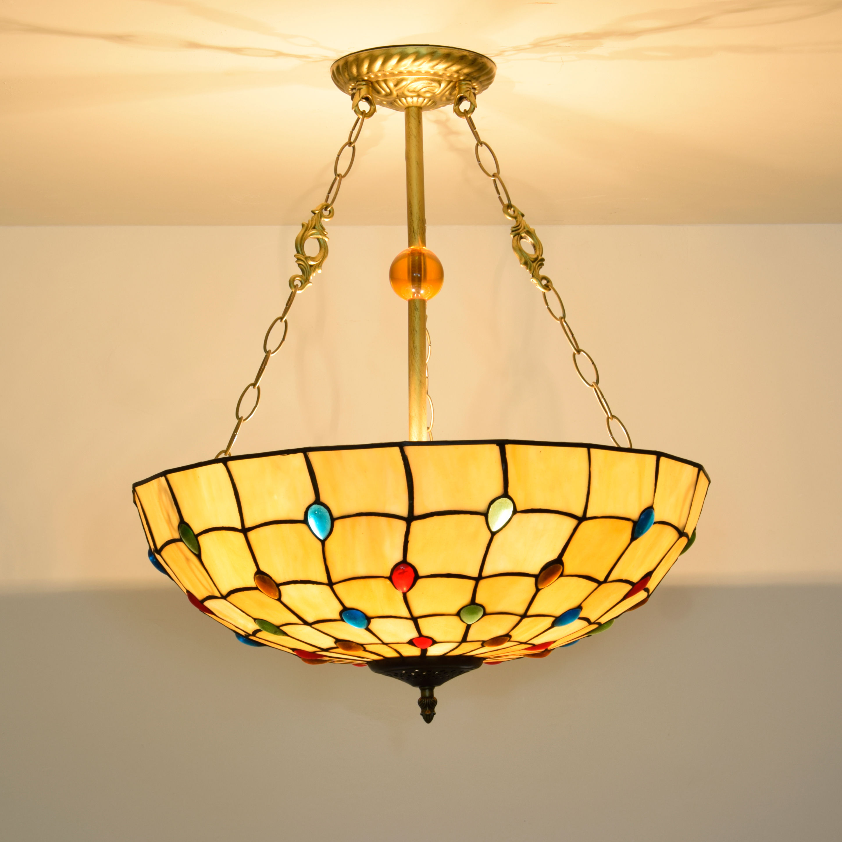 Blivuself  Tiffany Style Stained Glass 20 Inch Warm Yellow Upward Chandelier European And American Retro Style Suitable For Living Room, Dining Room, Bedroom, Bar And Other Indoor Home Decoration 20 Inch Colored Beads Flat Mouth - New clasp up chandelier OFP1119