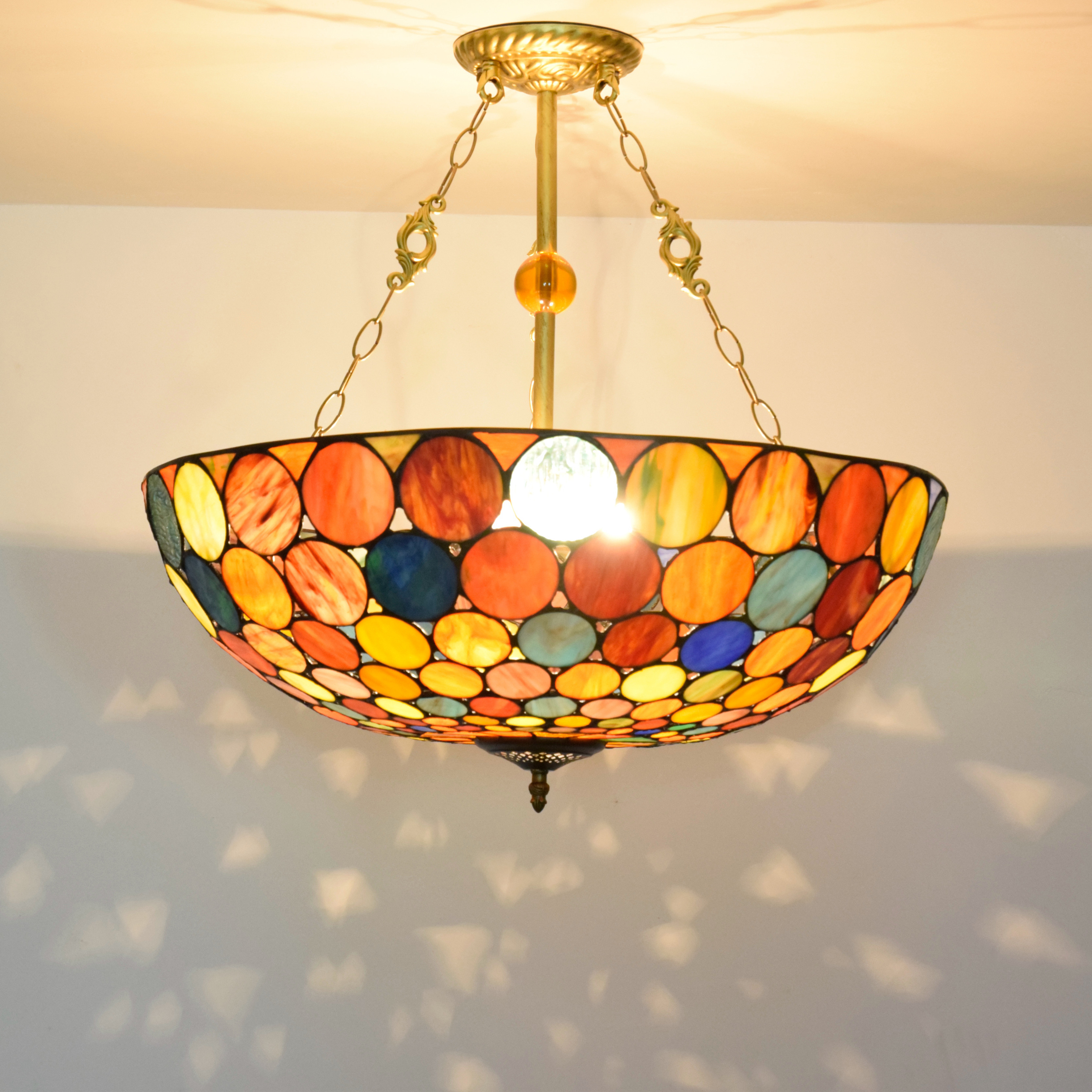 Blivuself  Tiffany Style Stained Glass 24-Inch Red Circle Upward Chandelier European And American Retro Style Suitable For Living Room, Dining Room, Bedroom, Bar And Other Indoor Home Decoration 24-Inch Colorful Circle - New Buckle Upward Chandelier OFP1135