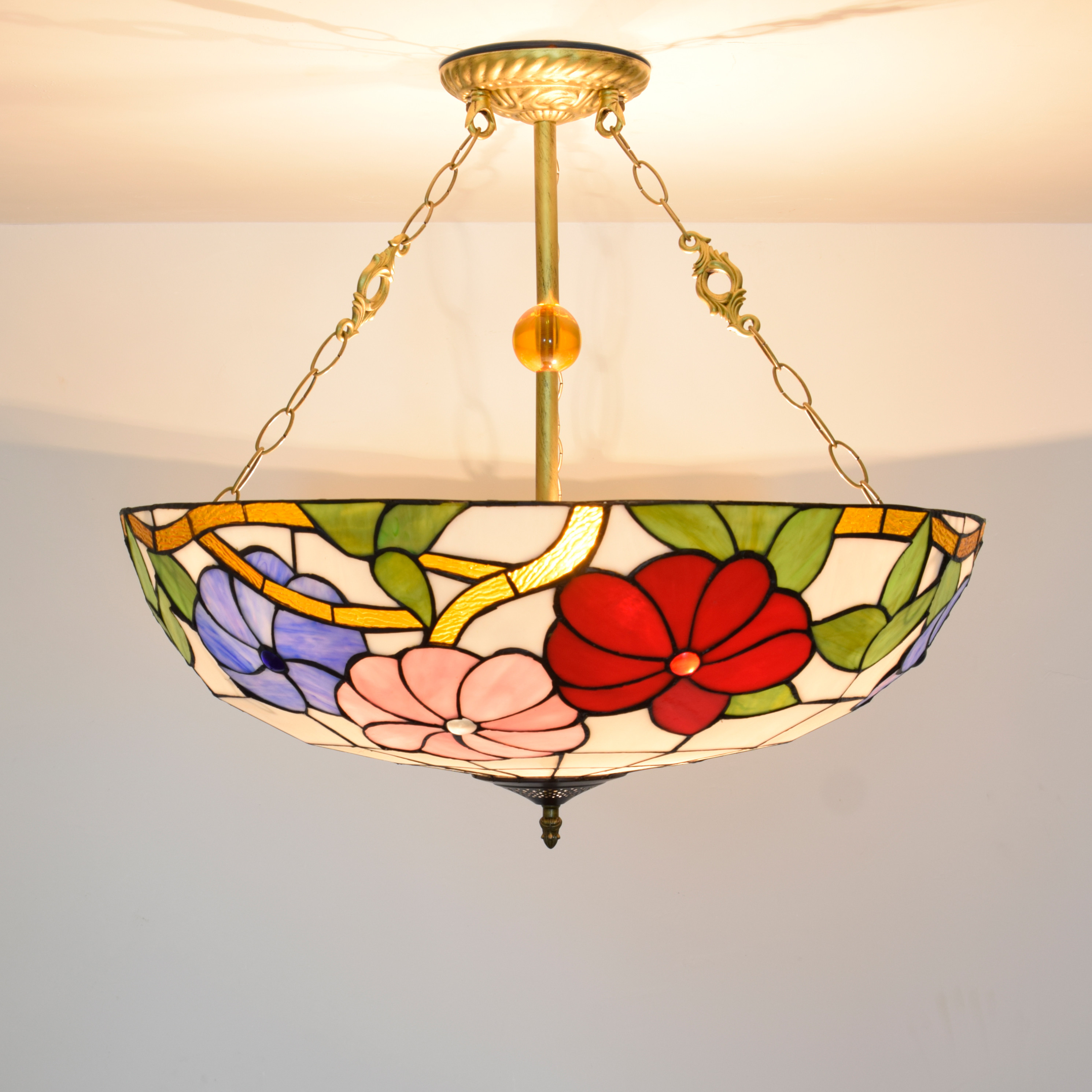 Blivuself  Tiffany Style Stained Glass 24-Inch Pink Purple Morning Glory Chandelier European And American Retro Style Suitable For Living Room, Dining Room, Bedroom, Bar And Other Indoor Home Decoration 24-Inch Morning Glory Tricolor Flower - New Buckle Upward Chandelier OFP1137