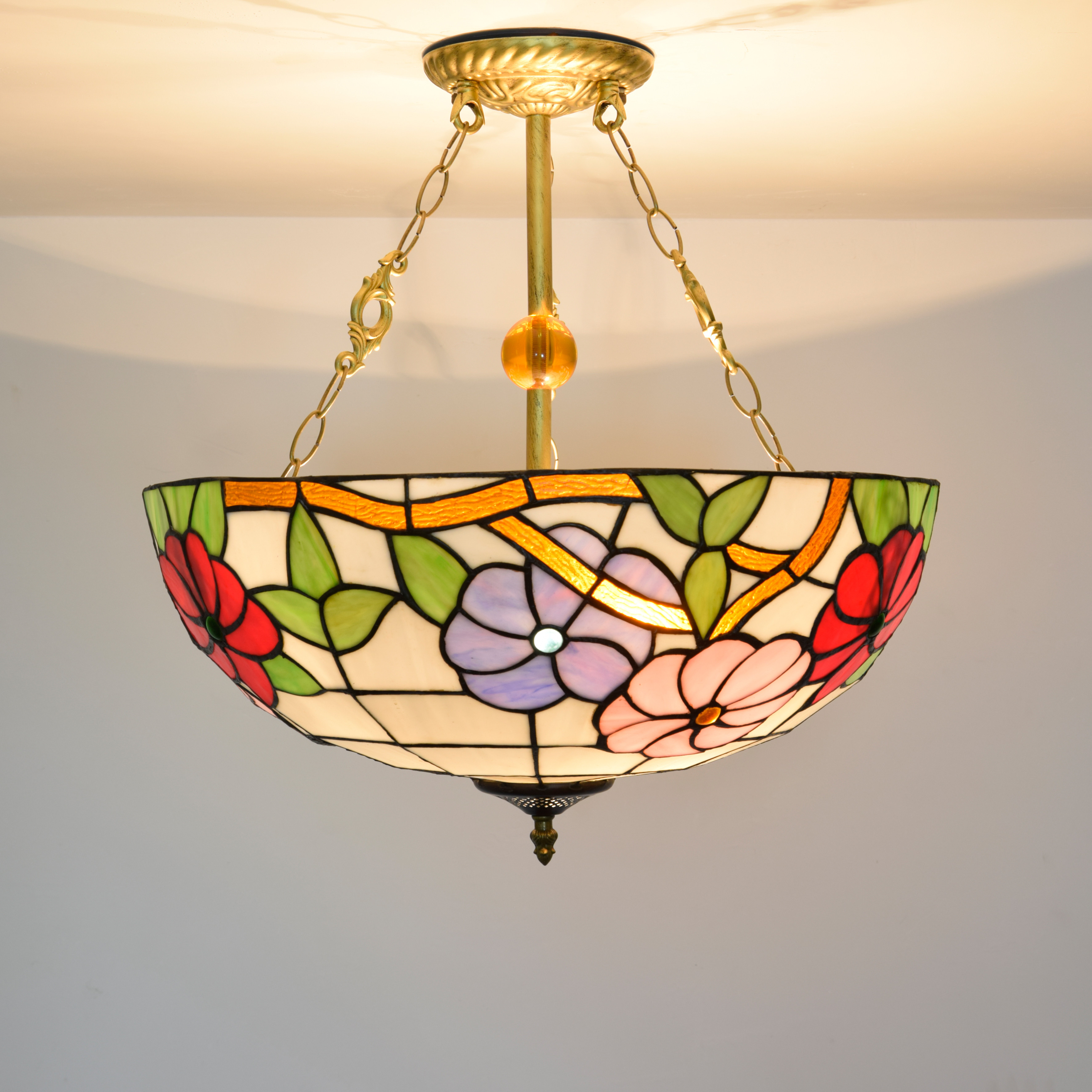 Blivuself  Tiffany Style Stained Glass 20 Inch Pink Purple Morning Glory Chandelier European And American Retro Style Suitable For Living Room, Dining Room, Bedroom, Bar And Other Indoor Home Decoration 20 Inch Morning Glory Tricolor Flower - New Buckle Upward Chandelier OFP1136