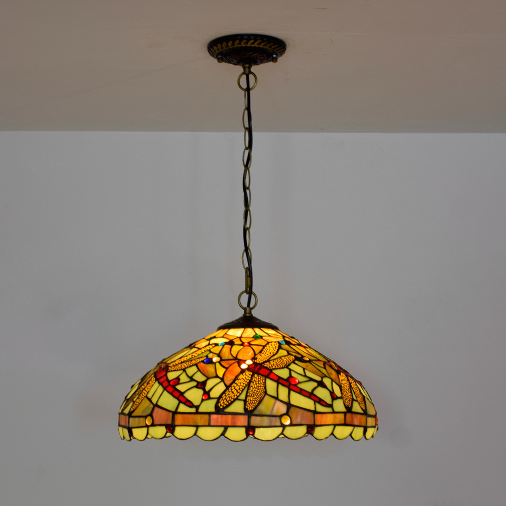 Blivuself  Tiffany Style Stained Glass 16-Inch Green Downward Chandelier European And American Retro Style Suitable For Living Room, Dining Room, Bedroom, Bar And Other Indoor Home Decoration 16-Inch Green Dragonfly - Conventional Three-Light Chain Chandelier OFP1147