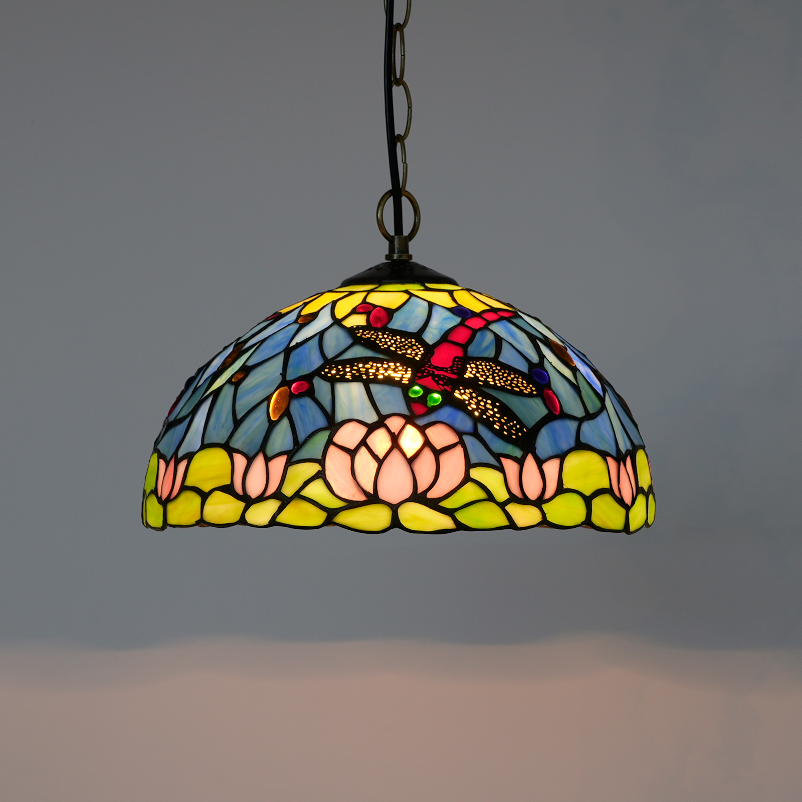 Blivuself Tiffany style Stained glass 12 inch blue and green chandelier European and American retro garden style suitable for living room, dining room, bedroom, bar and other indoor home decoration 12 inch Lotus Dragonfly - regular single chain chandelier OFP1166