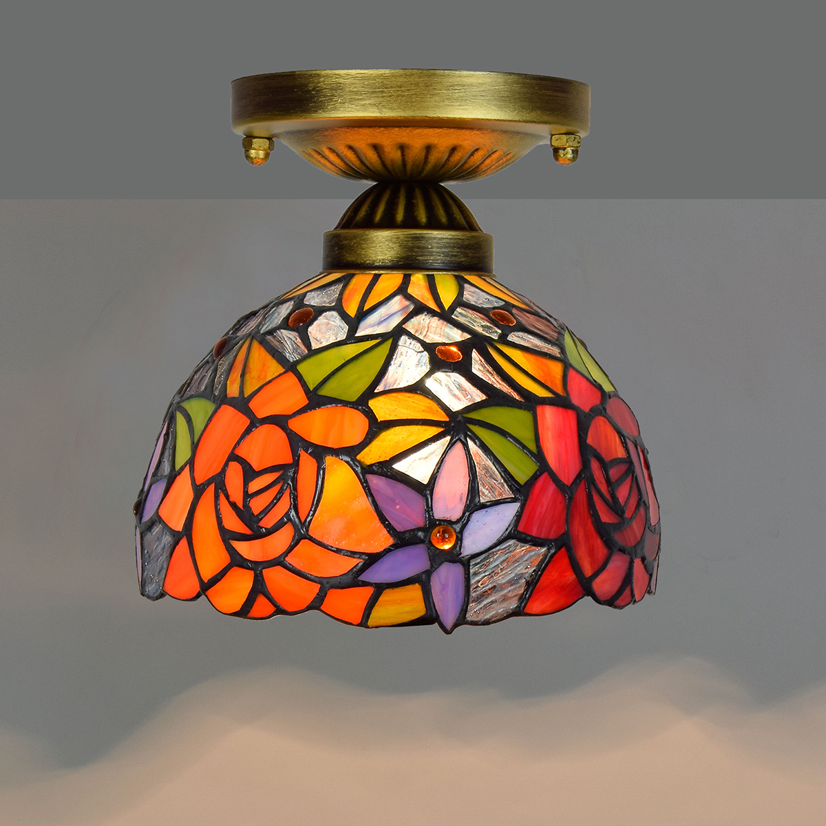 Blivuself Tiffany Style Stained Glass 8-Inch Red Orange Rose Ceiling Light European And American Retro Style, Suitable For Living Room, Dining Room, Bedroom, Bar And Other Indoor Home Decoration 8-Inch Gorgeous Rose Big Mouth - Small Ceiling Light OFC1006
