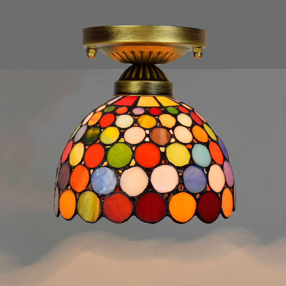Blivuself Tiffany Style Stained Glass 8-Inch Red Round Piece Ceiling Light European And American Retro Style, Suitable For Living Room, Dining Room, Bedroom, Bar And Other Indoor Home Decoration 8-Inch Colorful Round Piece Big Mouth - Small Ceiling Light OFC1016