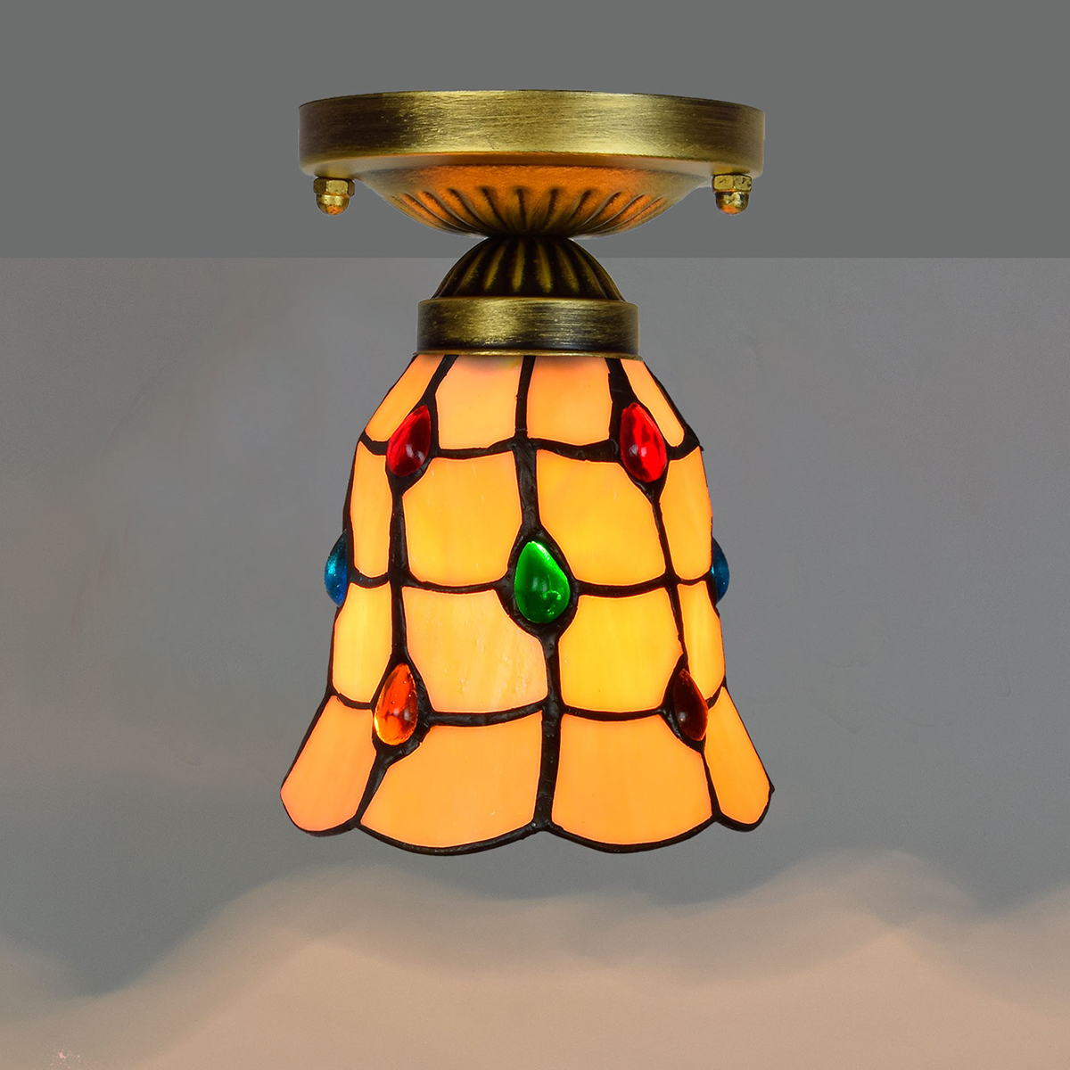Blivuself Tiffany Style Stained Glass 6-Inch Ginger Ceiling Light European And American Retro Style, Suitable For Living Room, Dining Room, Bedroom, Bar And Other Indoor Home Decoration 6-Inch Colored Beads-Small Ceiling Light OFC1018