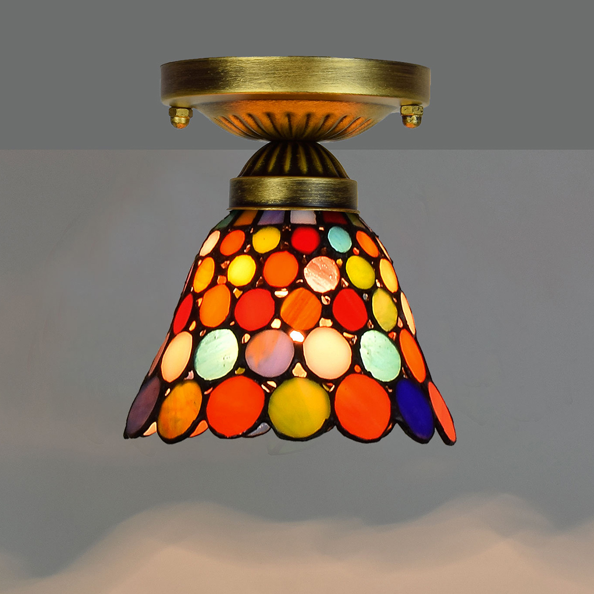 Blivuself Tiffany Style Stained Glass 6-Inch Red Round Piece Ceiling Light European And American Retro Style, Suitable For Living Room, Dining Room, Bedroom, Bar And Other Indoor Home Decoration 6-Inch Colorful Round Piece Big Mouth - Small Ceiling Light OFC1028