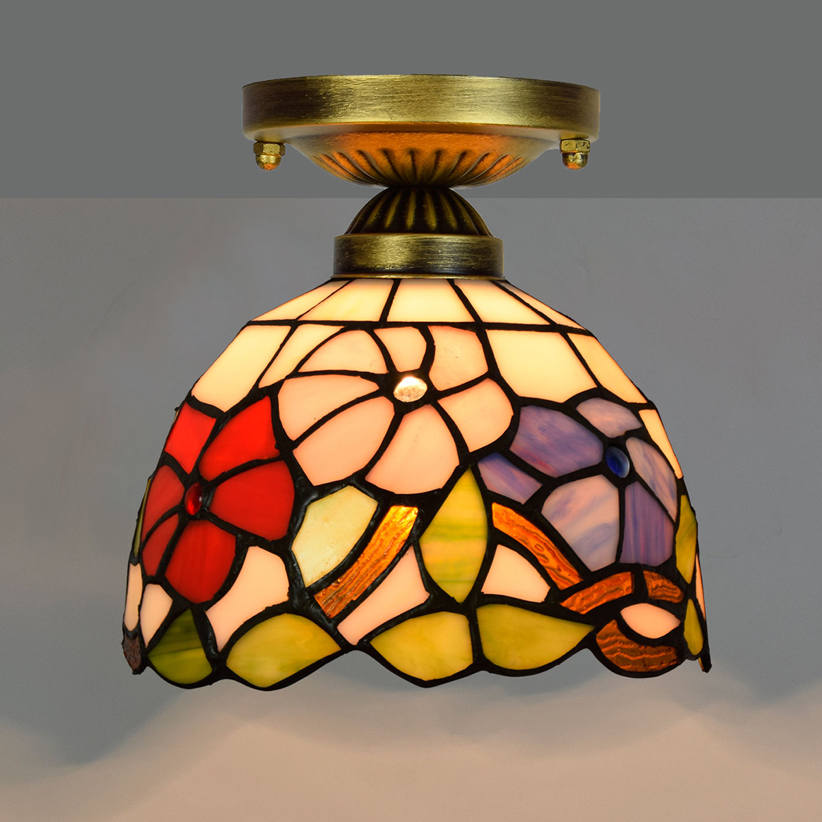 Blivuself Tiffany Style Stained Glass 8-Inch Pink Ceiling Light European And American Retro Style, Suitable For Living Room, Dining Room, Bedroom, Bar And Other Indoor Home Decoration 8-Inch Morning Glory Big Mouth - Small Ceiling Light - Three-Color Flower OFC1034
